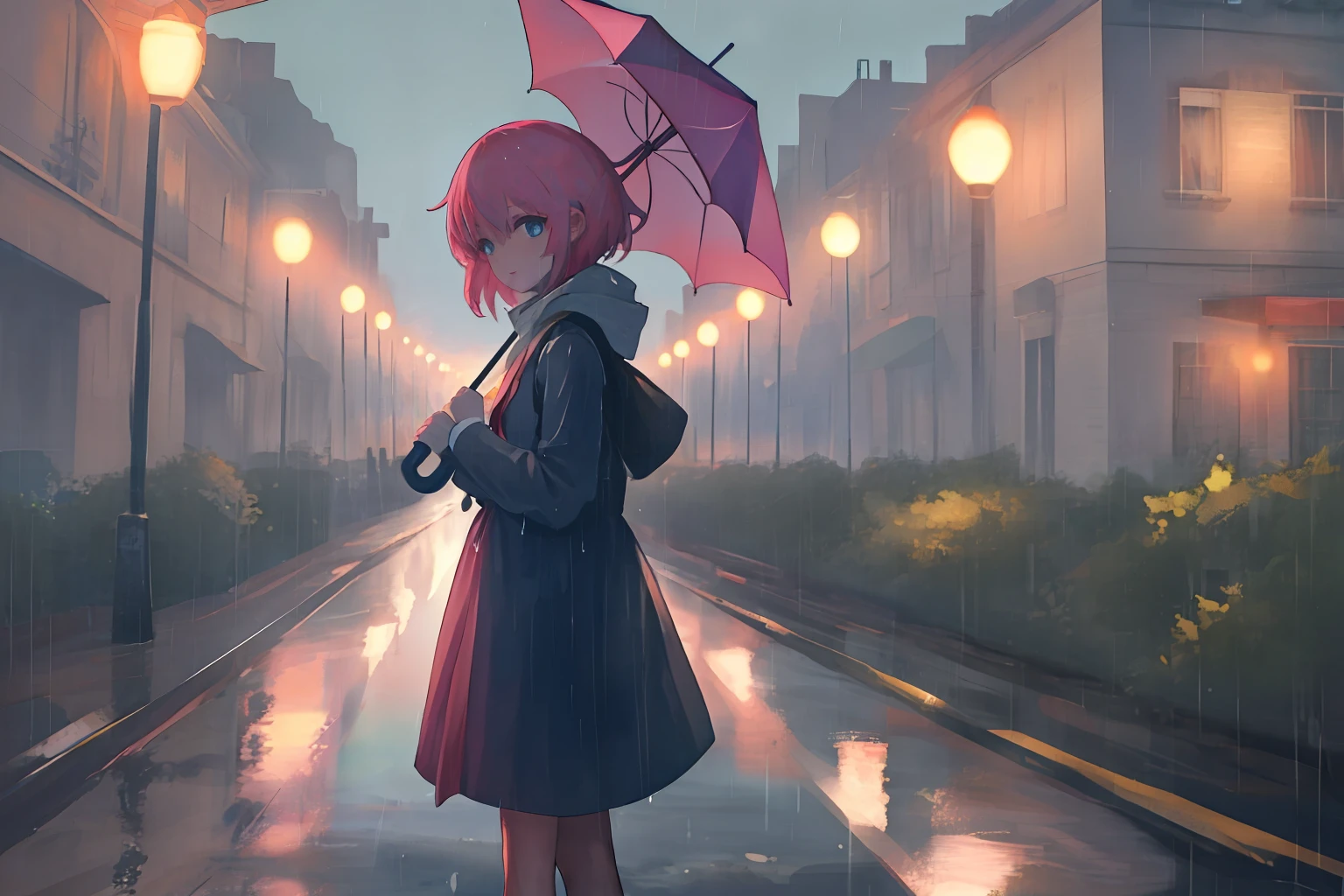 A girl standing in the rain with an umbrella, blue eyes, pink hair, and street lamps around him