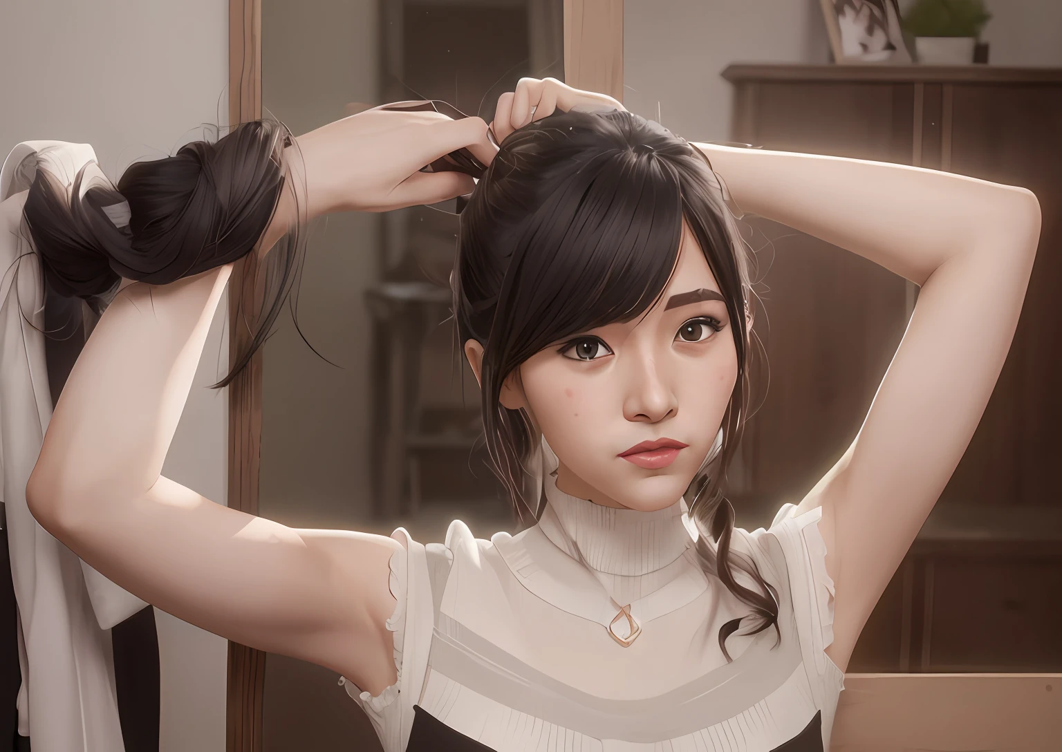there is a woman that is brushing her hair in front of a mirror, cute elegant pose, Realistic young gravure idol, belle delphine, kawaii hair style, Anime girl in real life, trending on cgstation, Soft portrait shot 8 K, tidy hair,By bangs, Twin tail hairstyle, shikamimi, Attractive pose, sui ishida with black hair, sakimi chan,barepubic hair