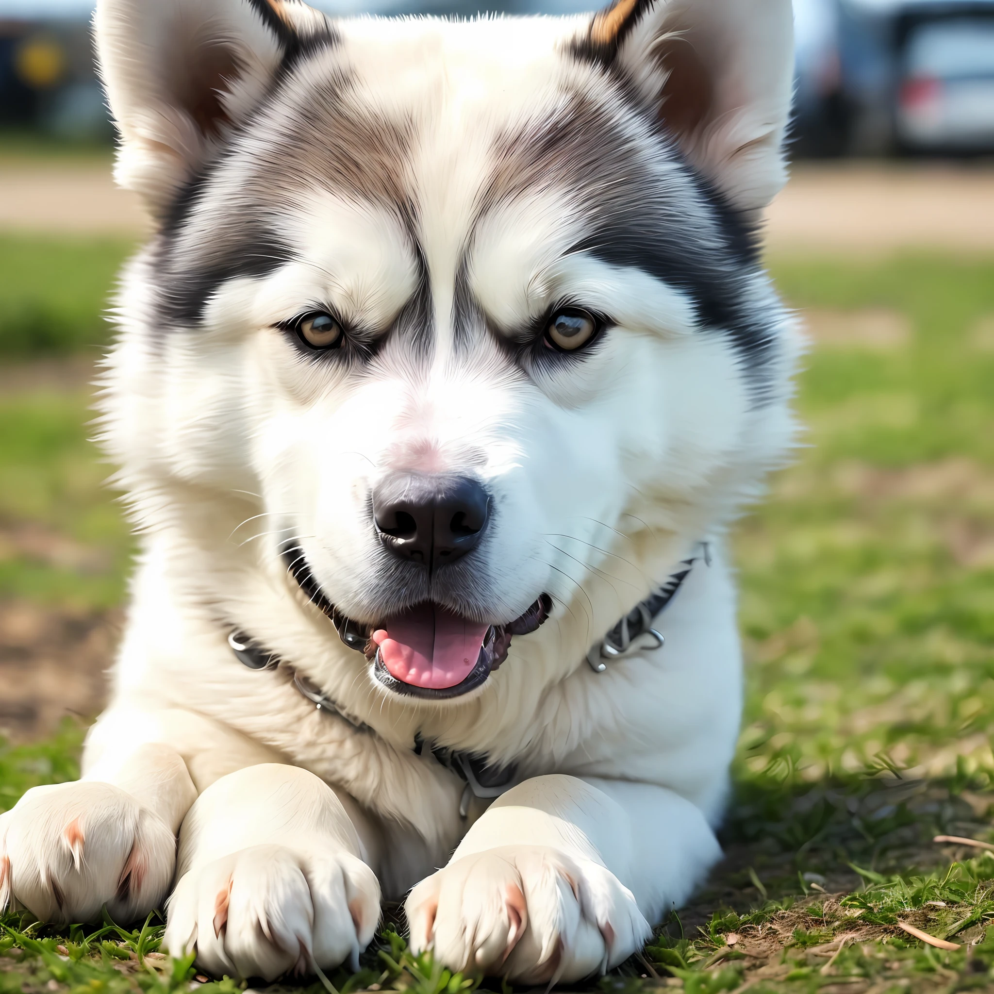 (um close up: 1.2) of a fat white husky dog lying on the ground,(ruas chuvosas no fundo:1.2),pelo ultra detalhado,(noite:1.2),(profundidade de campo:1.1),cidade noturna,Film shooting,emphasis lines,blast,motion blur,noite,sem humanos,,ao ar livre,(chuva: 1.2),realista,heaven,water,(molhado:1.2),8k uhd,dslr,soft ilumination,de alta qualidade, (film grain: 1.2), (Fujifilm XT3: 1.2), teal e laranja, (National Geographic: 1.2), premiado, Closeup beautiful dog eyes, pode falar