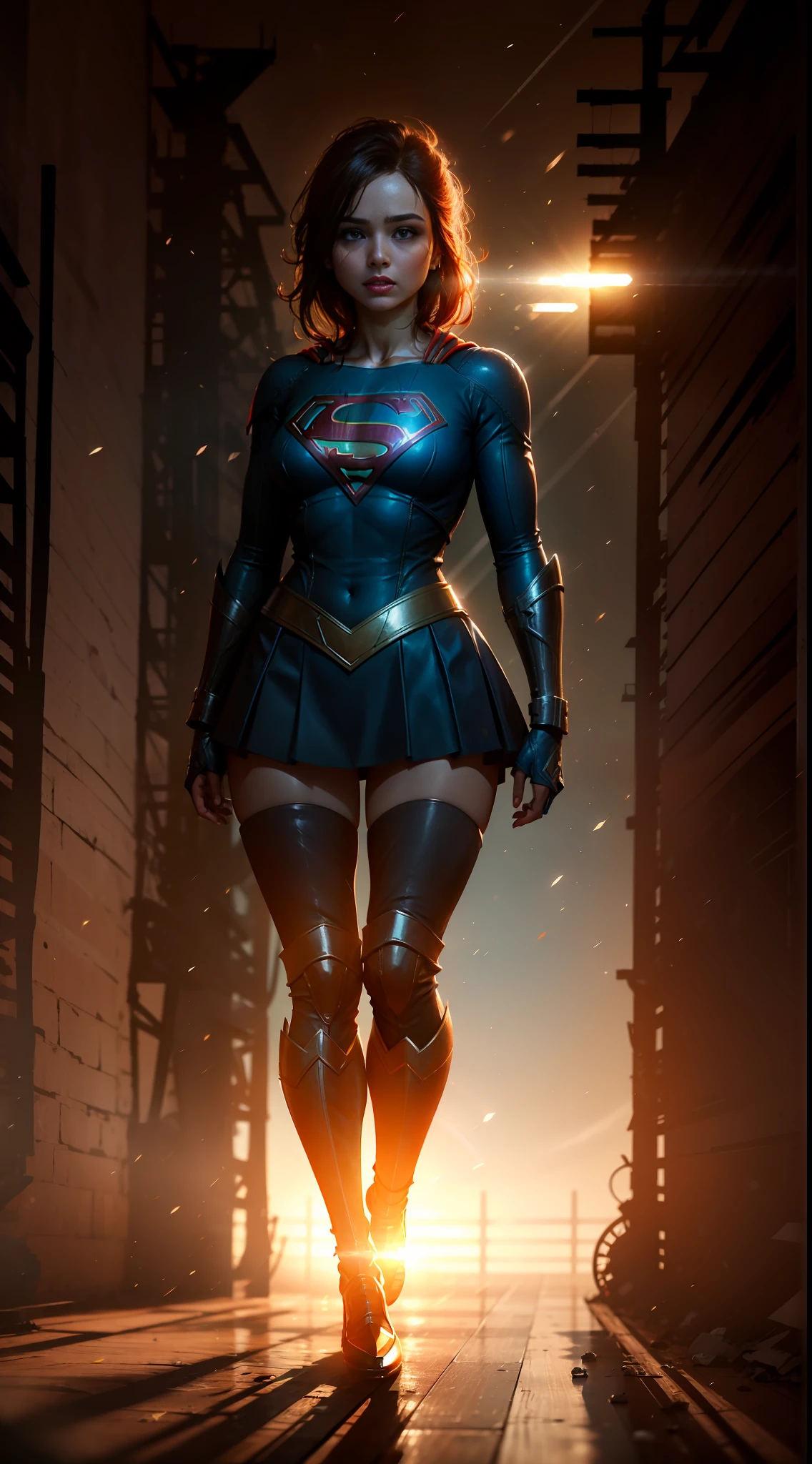 Supergirl, mulher adulta de cabelo LOIRO LONGO, cosplay de supergirl, flutuando sobre o ar, longa capa vermelha nas costas, rosto perfeito e lindo, unreal engine 5, 8k.