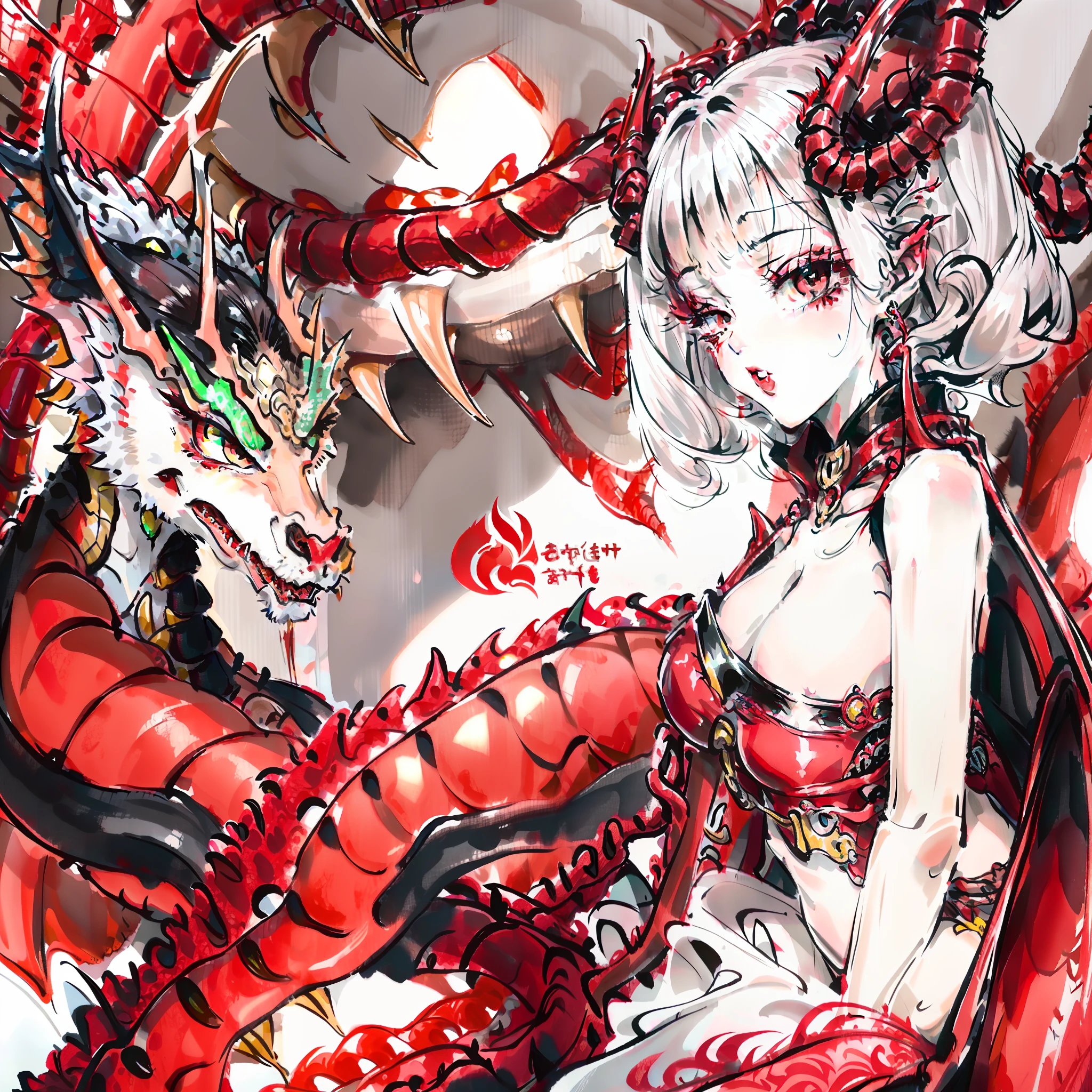 （Beautiful women),(Red eyeliner:1.2),(Surrounded by dragons)