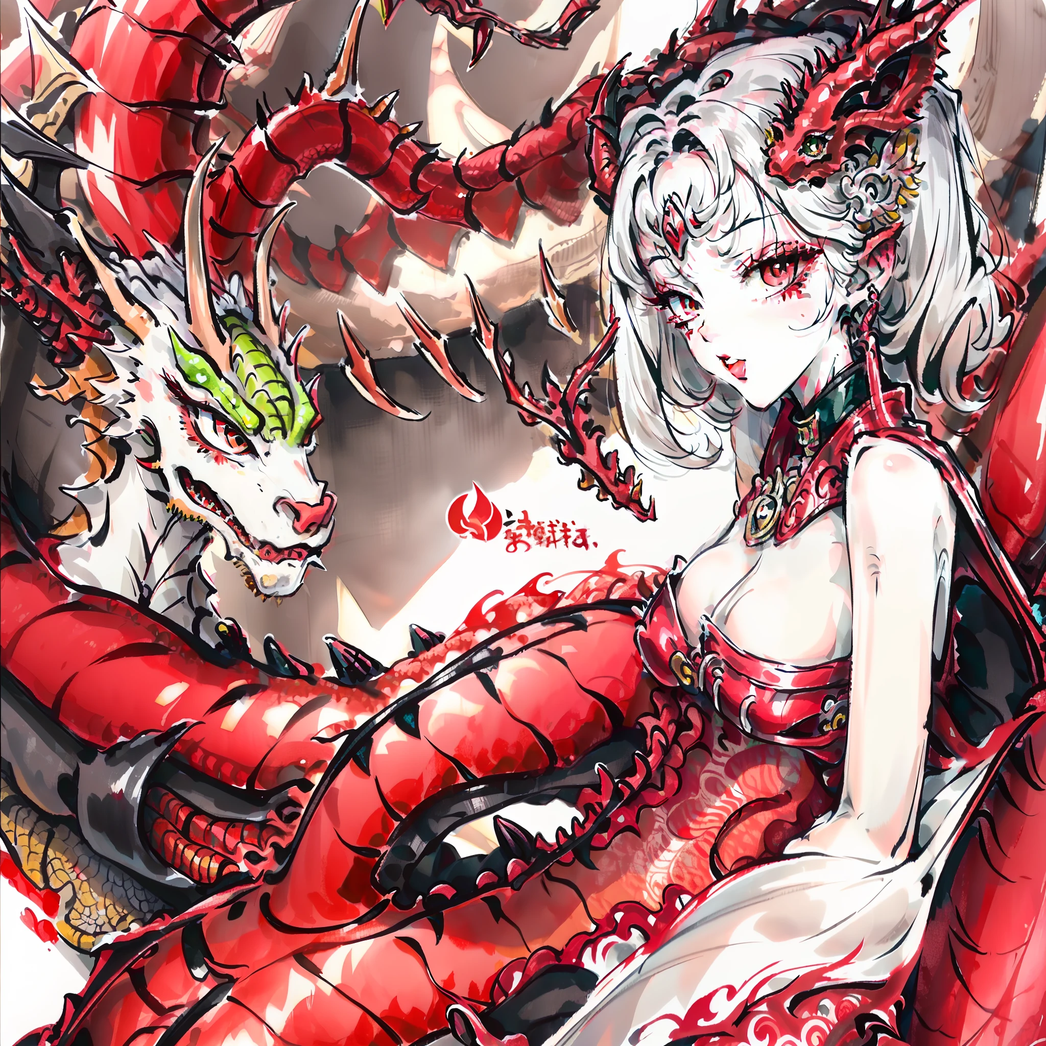 （Beautiful women),(Red eyeliner:1.2),(Surrounded by dragons)