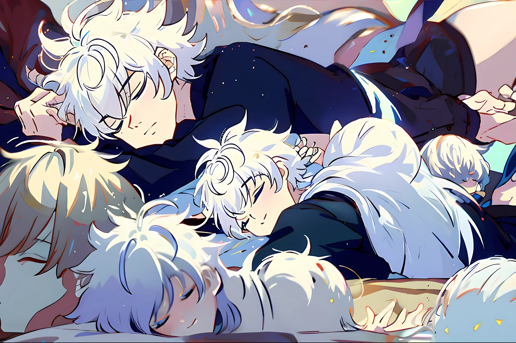 1boys, killua_zoldyck, White hair, Solo, Focus, Lay down, in the side, Sleeping, Closed eyes, Bed,