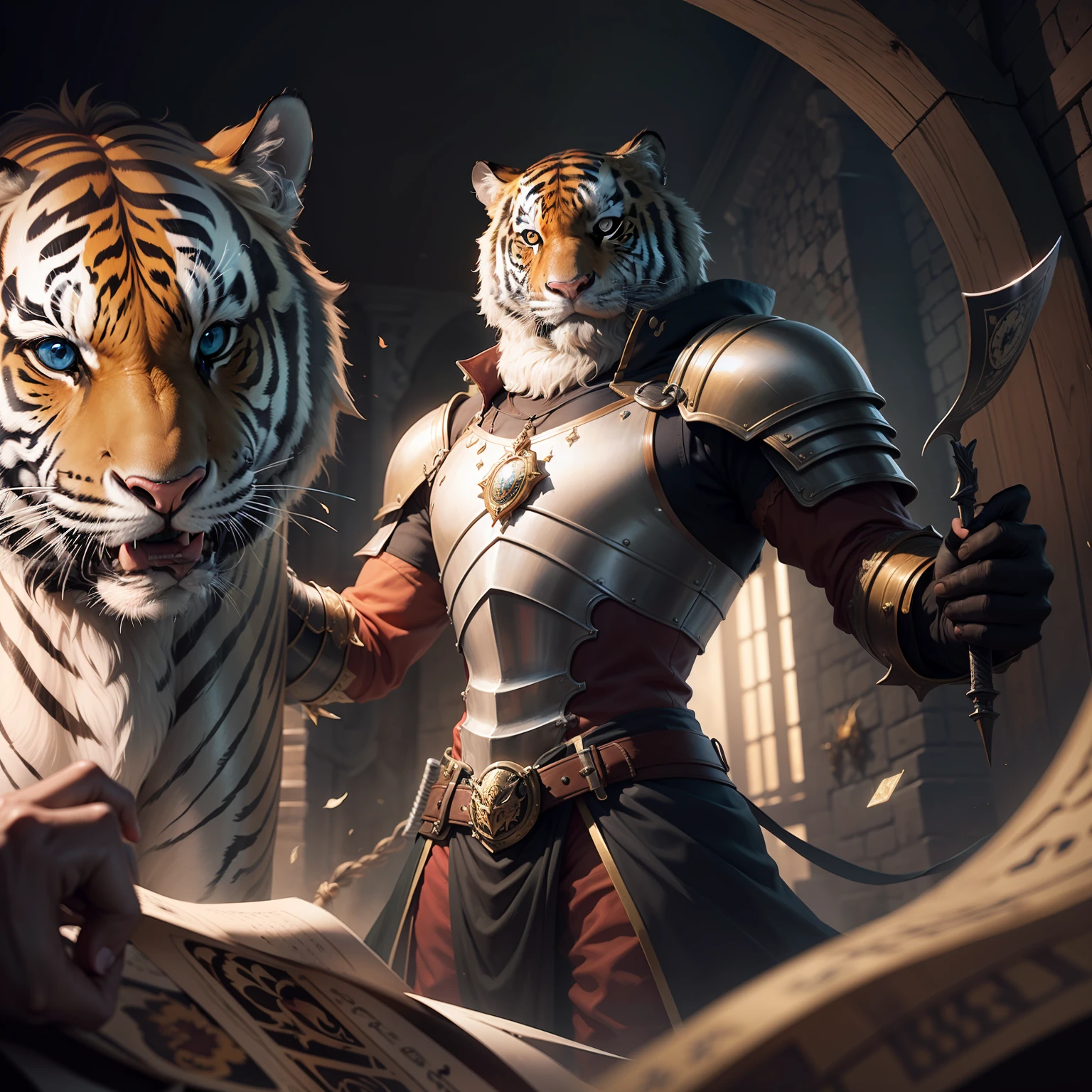 "(melhor qualidade, obra-prima), detalhes ultra-realistas, image in CG wallpaper with 8K resolution, a tiger knight wizard using a sword in one hand and magic in the other, com cartas do tarot em segundo plano."