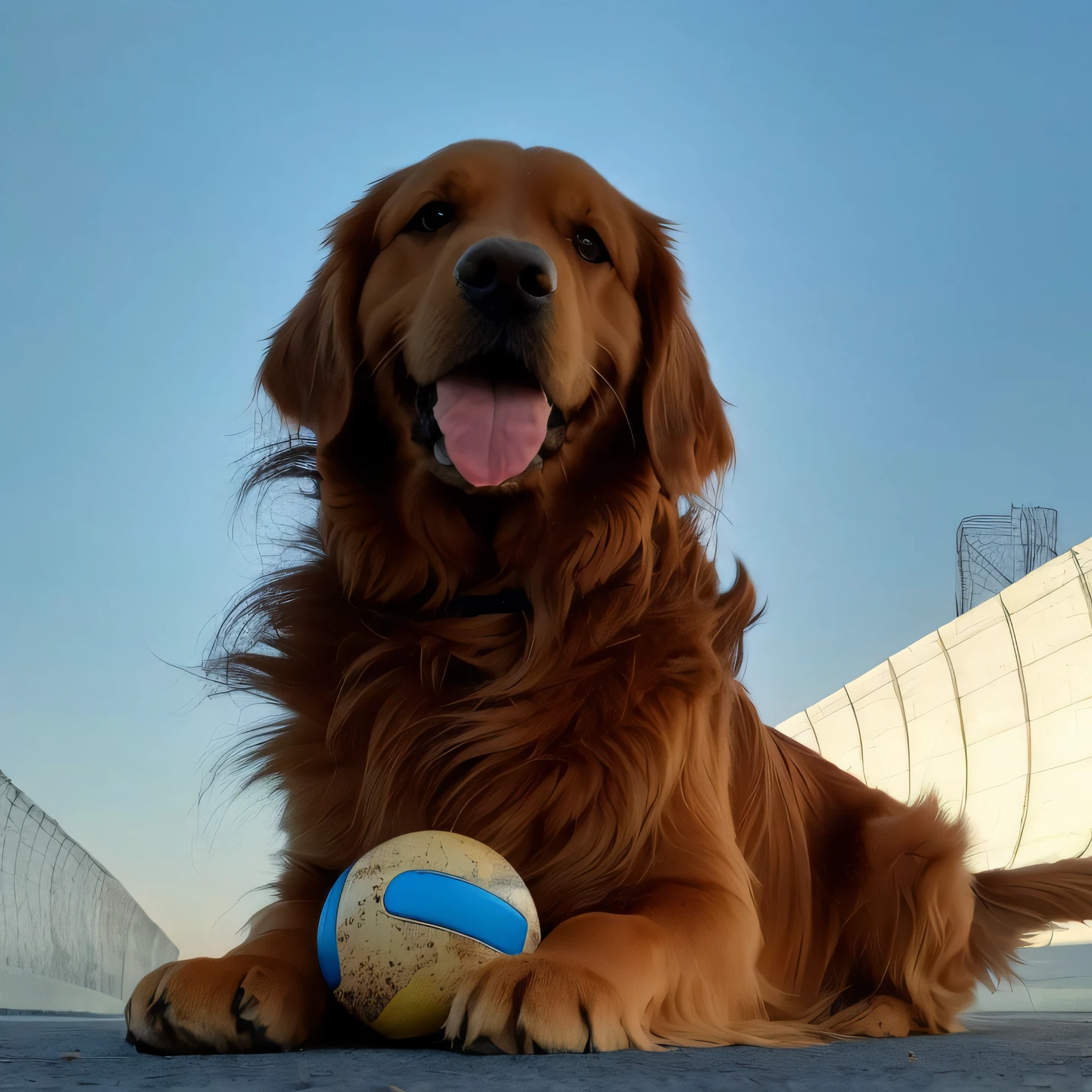 there is a dog that is laying down with a ball, canines sports photo, holding a ball, Golden Retriever, Full of golden layers, doing a majestic pose, slightly golden, (((Rusty))), happy dog, friendly face, In sunny weather, selfie of a dog, shining gold, identical, taken at golden hour, awww --auto