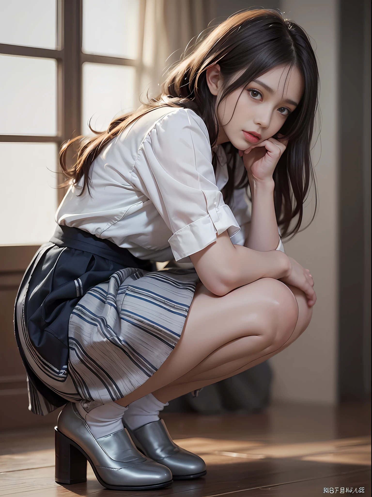 (photoRealstic:1.4)、(hyper realisitic:1.4)、(reallistic:1.3)、(Smooth lighting:1.05)、(Improved cinematic lighting quality:0.9)、32K、1womanl、24-year-old maid、Realistic lighting、Back lighting、Facial Lights、Ray tracing、(brightened light:1.2)、(Quality improvement:1.4)、(Realistic textured skin of the highest quality:1.4)、fine detailed eyes、A detailed face、Fine quality eye、Dark brown eyes、(Tired, sleepy and satisfied: 0.0)、Pale lighting、white backgrounid、White blouses、Dark blue skirt、Dark brown hair squatting holding knees、White silk ankle-length socks、pumps