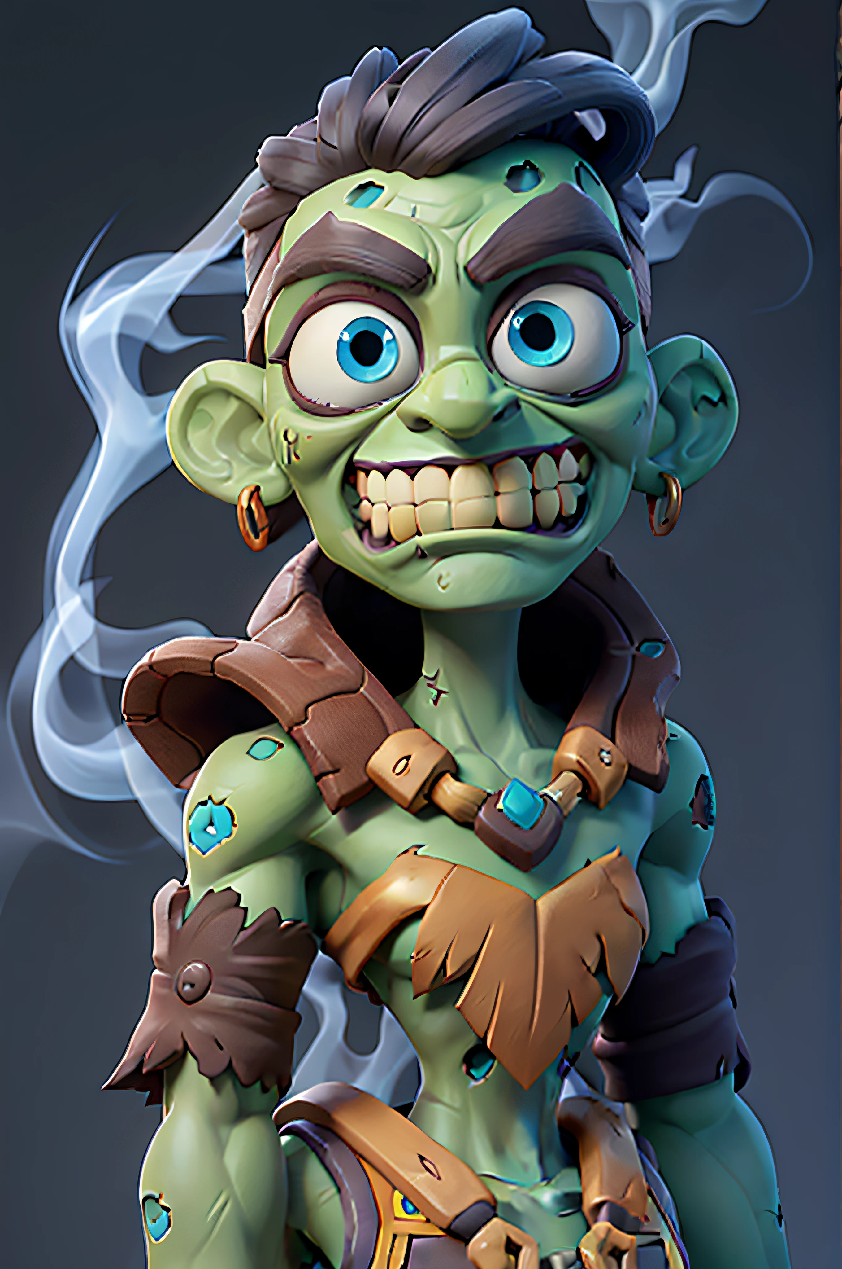Obra-prima, melhor qualidade, close up de um zumbi verde com olhos brilhantes, smoke background