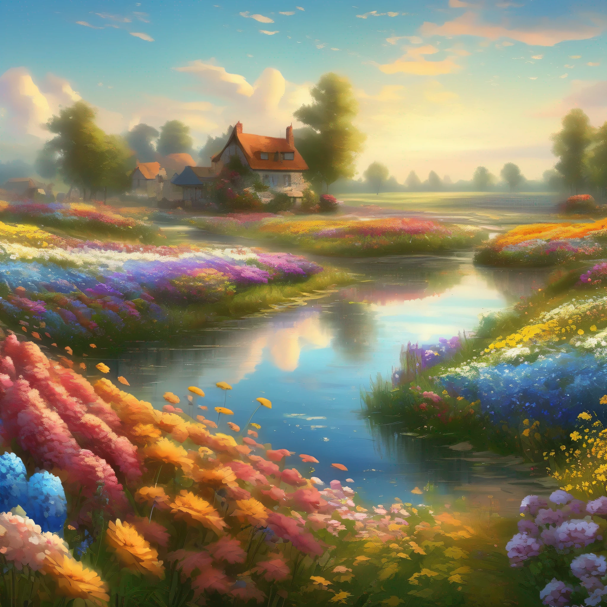 Beautiful scenery of flower fields, lot of flowers，blue-sky， A big beautiful mirror in the field，Beautiful art UHD 4 K, Detailed scenery —width 672, author：Franz Hergi, scenery art detailed, 8K high quality detailed art, 4k highly detailed digital art, beautiful high resolution, 4 k matte thomas kinkade