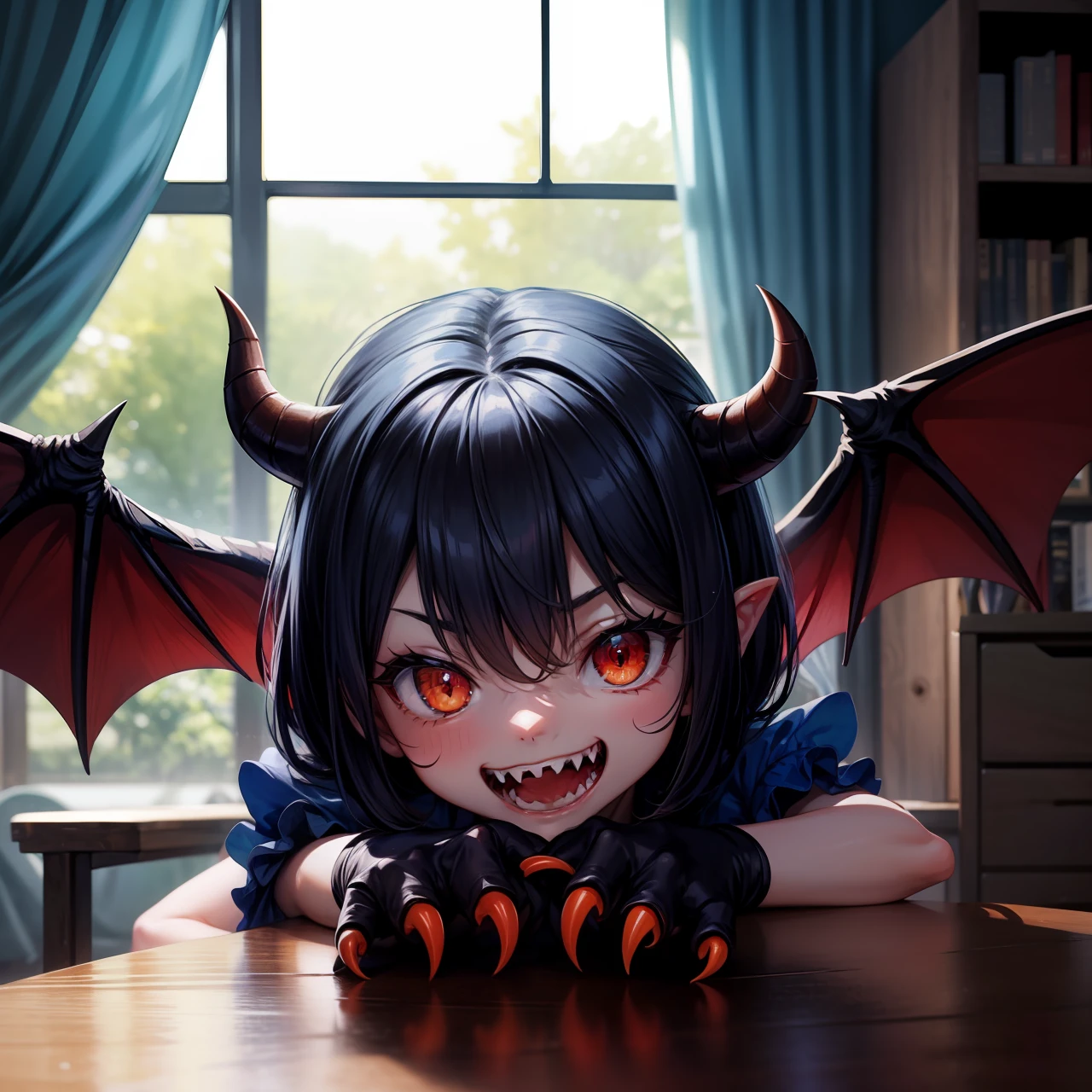 Splash art, cute demon girl, demon wings, sharp teeth, cute blue summer dress, showing claw hands pose, with small red claws on fingers, (perfect hands), looking to viewer, standing on wooden table, fighting pose, stunning beauty, [[chibi]], ((close-up)), muted colors, deep shadows, trending on Pixiv, 4k