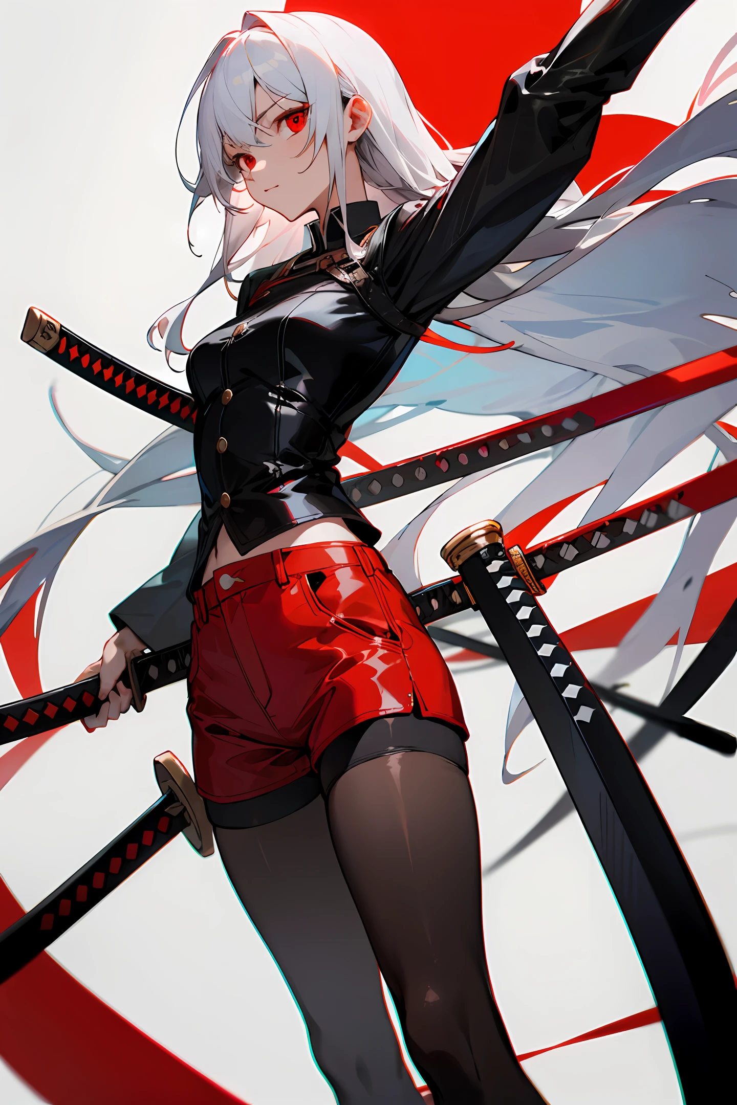 white color hair,Long hair,red eyes,leather clothes,shortpants,empire,barepubic hair,black lence stockings,katana swords