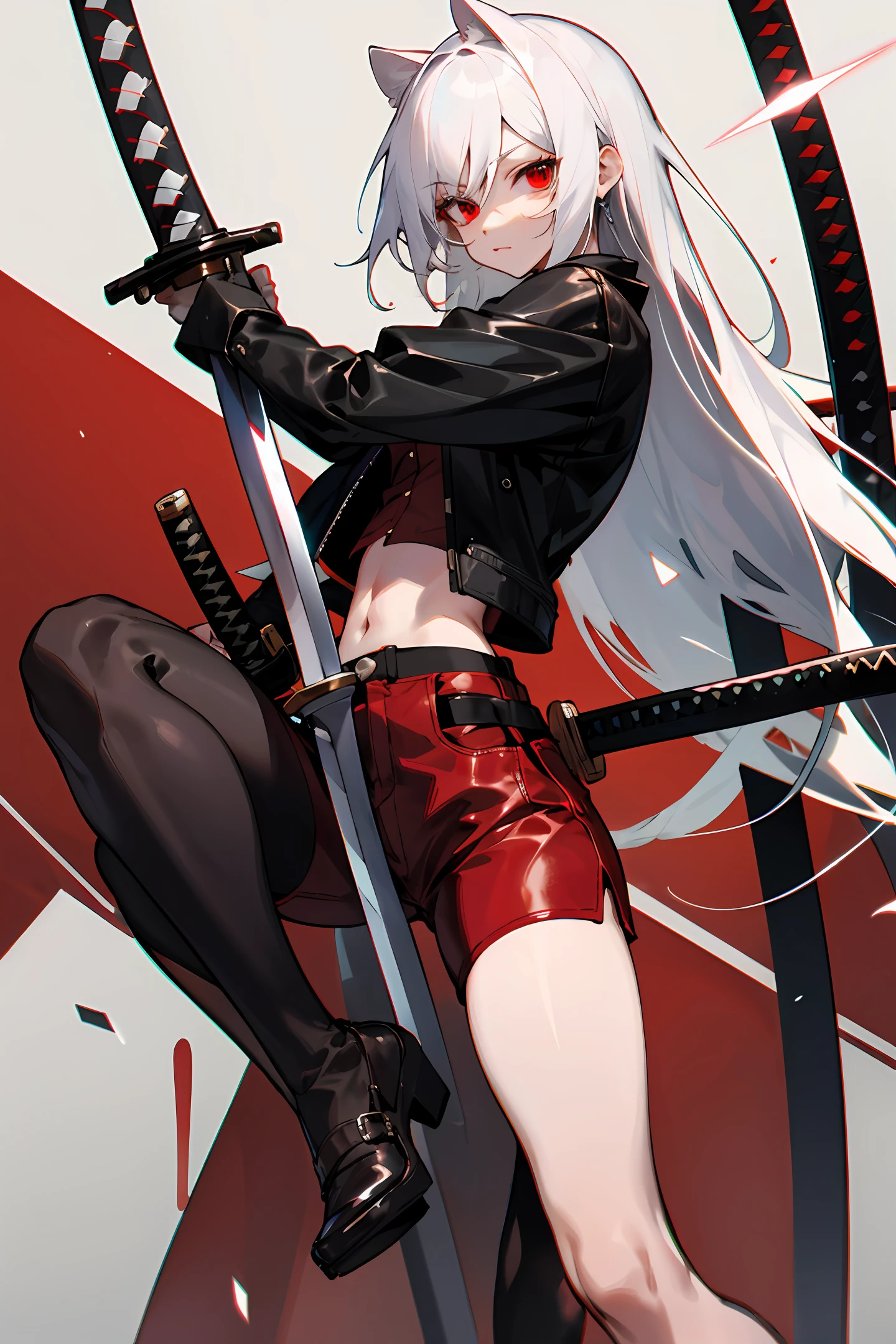 white color hair，Long hair，red eyes，leather clothes，shortpants，empire，barepubic hair，black lence stockings，katana swords