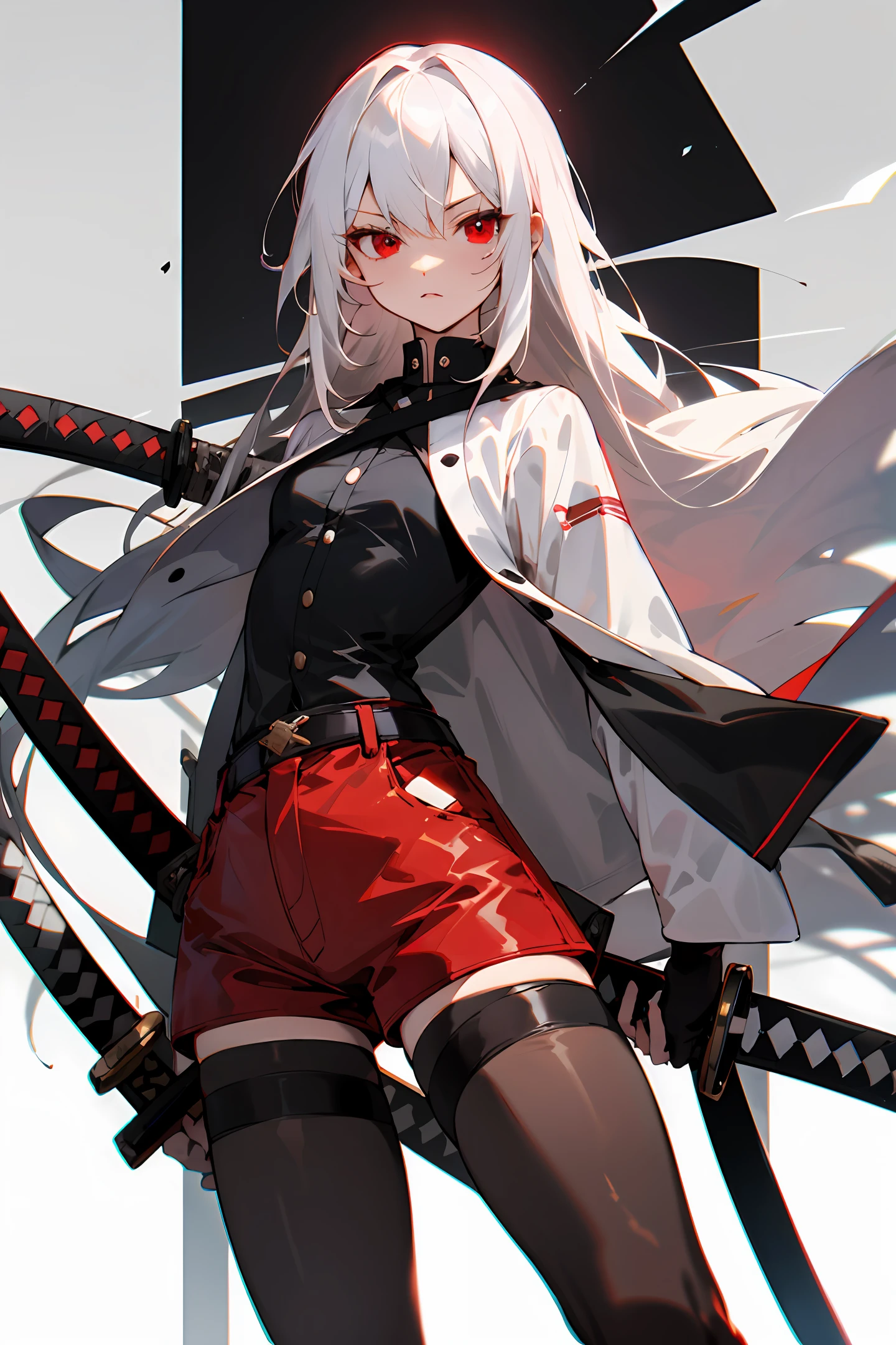 white color hair,Long hair,red eyes,leather clothes,shortpants,empire,barepubic hair,black lence stockings,katana swords