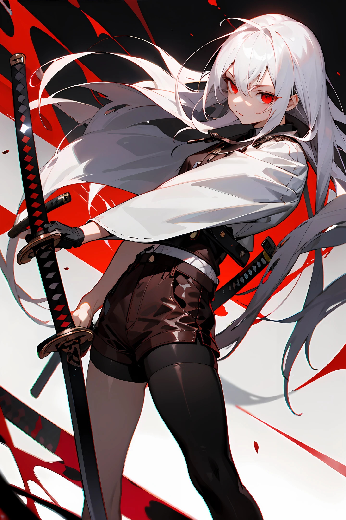 white color hair,Long hair,red eyes,leather clothes,shortpants,empire,barepubic hair,black lence stockings,katana swords