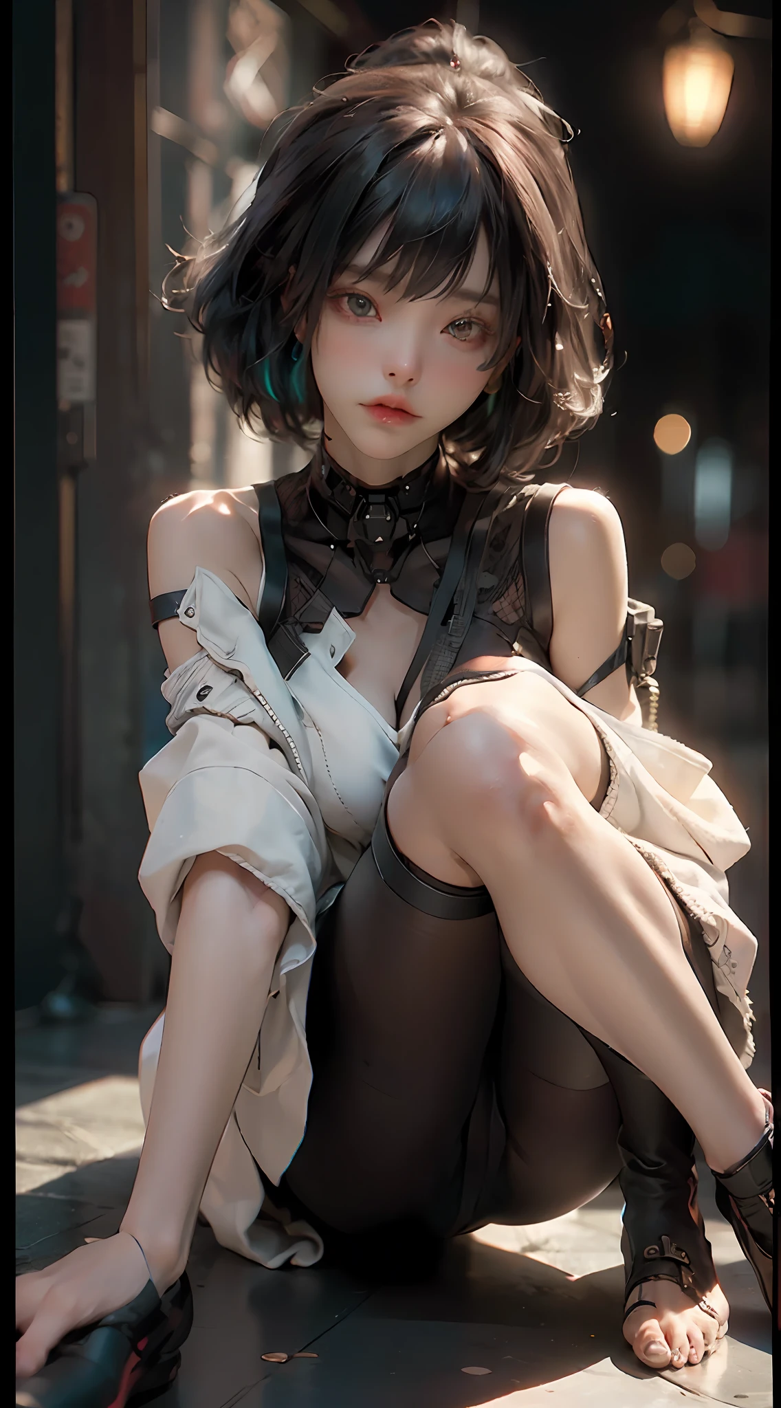 ((best qualtiy)), ((tmasterpiece)), (the detail:1.4), 3D, A beautiful cyberpunk female image,Plantar of the foot、blacksilk、hdr（HighDynamicRange）,Ray traching,NVIDIA RTX,Hyper-Resolution,Unreal 5,Subsurface scattering、PBR Texture、post-processed、Anisotropy Filtering、depth of fields、maximum definition and sharpness、Many-Layer Textures、Albedo e mapas Speculares、Surface coloring、Accurate simulation of light-material interactions、perfectly proportioned、rendering by octane、Two-colored light、largeaperture、Low ISO、White balance、thirds rule、8K raw data、