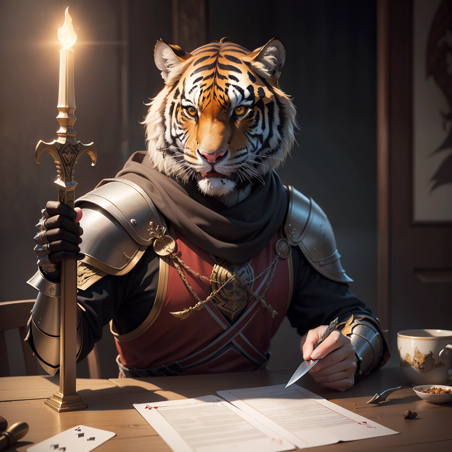 "(melhor qualidade, obra-prima), detalhes ultra-realistas, image in CG wallpaper with 8K resolution, a tiger knight wizard using a sword in one hand and magic in the other, com cartas do tarot em segundo plano."