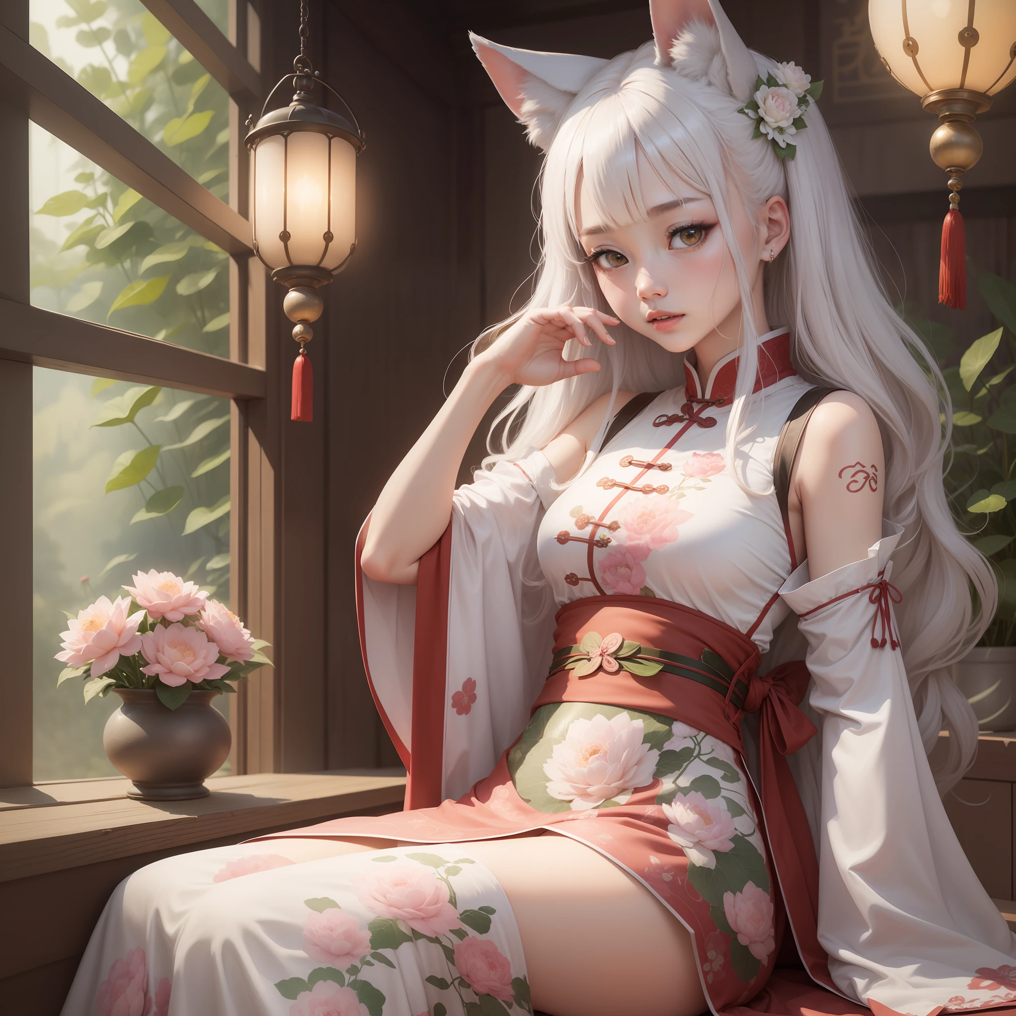 ((4K,巨作,Best quality)), shuimobysim, Traditional Chinese painting, lotuses, Hanfu, maxikit, Dress conservatively for a girl, 独奏, Pink and white hair, length hair, fox ear, white colors, 比基尼, The fish, Many fish are close to the girl, looking at viewert, Titillating --auto