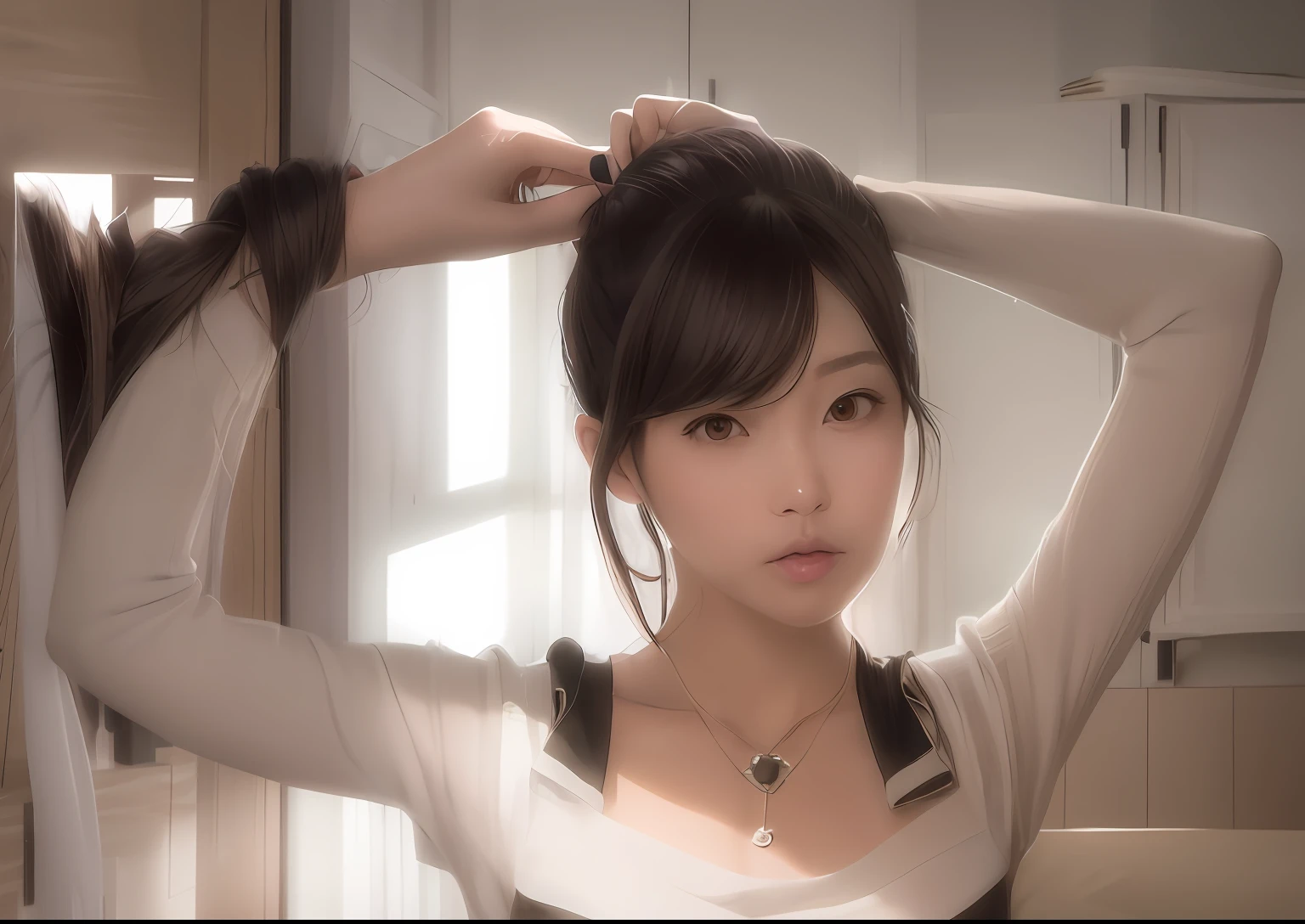 There was a woman combing her hair in the bedroom, With long hair, ulzzangs, Twin tail hairstyle, with same hairstyle, braid hairstyle, shaxi, her hair is tied above her head, hair ponytail, waist reaching ponytail, ponytail black hair, Korean girl, mid length hair, kawaii hair style, she has two ponytails