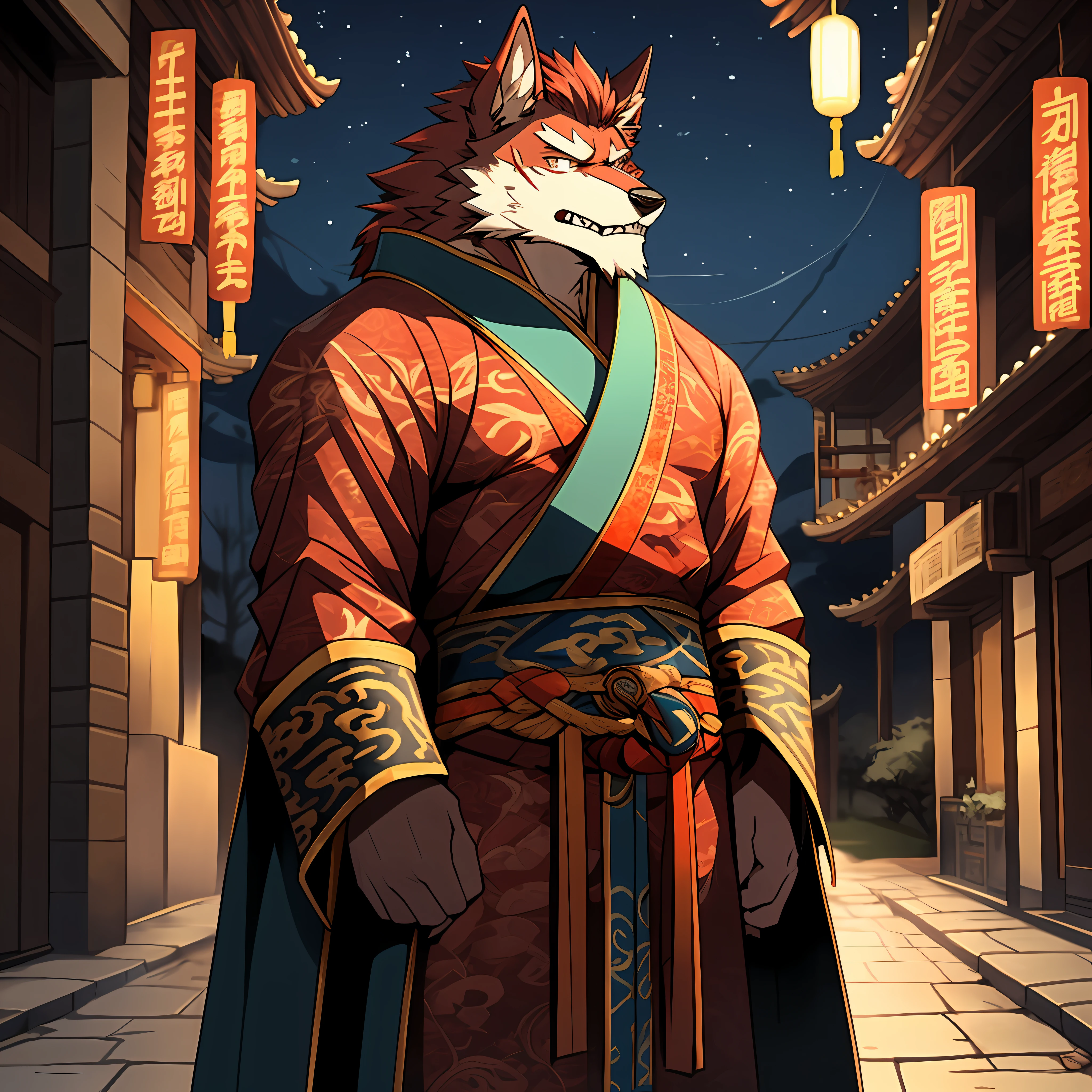 A red werewolf with dark red hair and muscular standing on the street at night,A melancholy expression appeared on his face,He wore ancient Chinese general clothing,Canine teeth slightly exposed,He was a great general a thousand years ago,There is a visible scar on the right eye(由Null-Ghost:0.5)