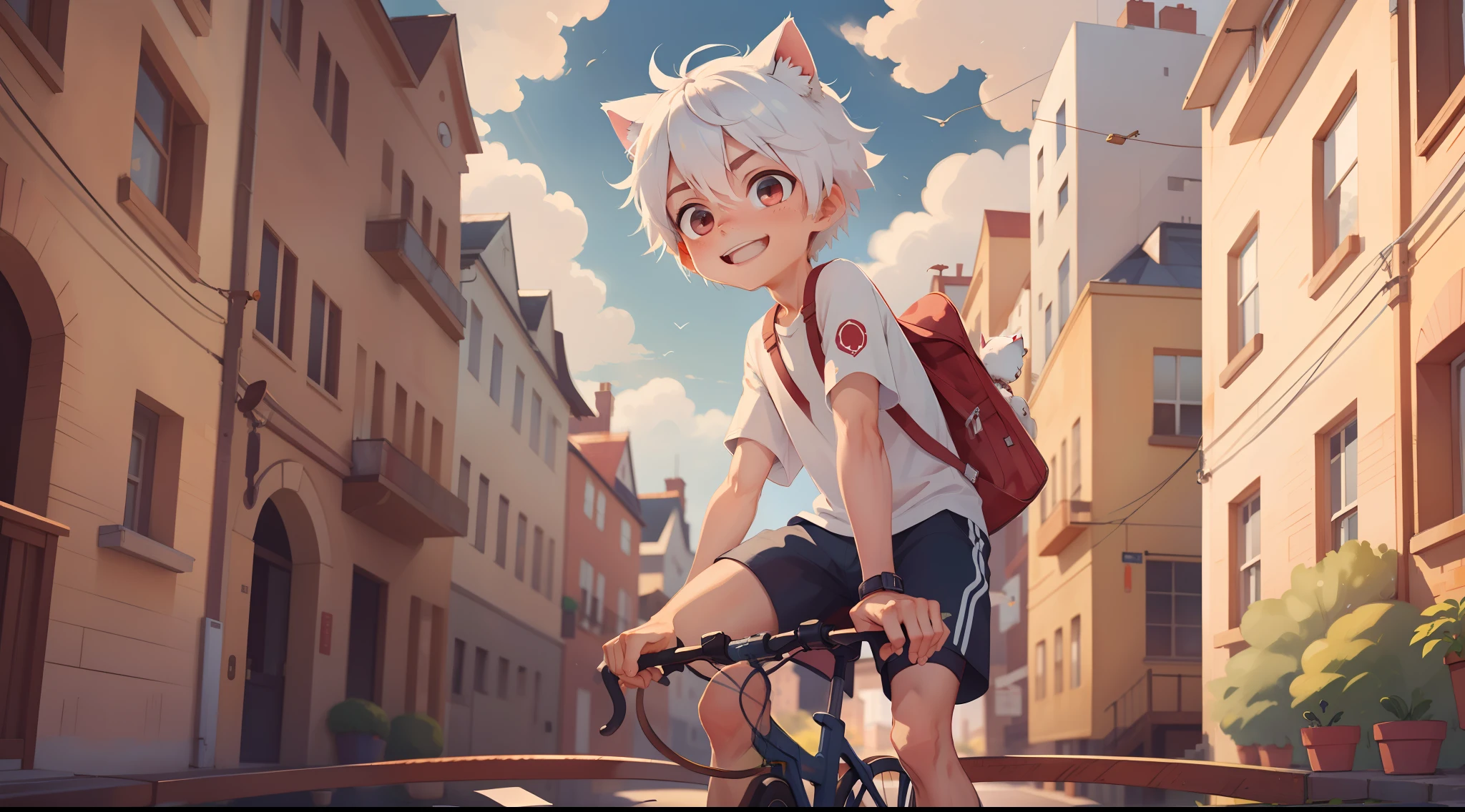 ((masterpiece)),(((best quality))), (high-quality, breathtaking), (expressive eyes, perfect face), 1boy, solo, male, short, young,  boy, white hair, red eyes, smiling, buildings, mailman, wear short shorts, bicycle, cat ears and tail