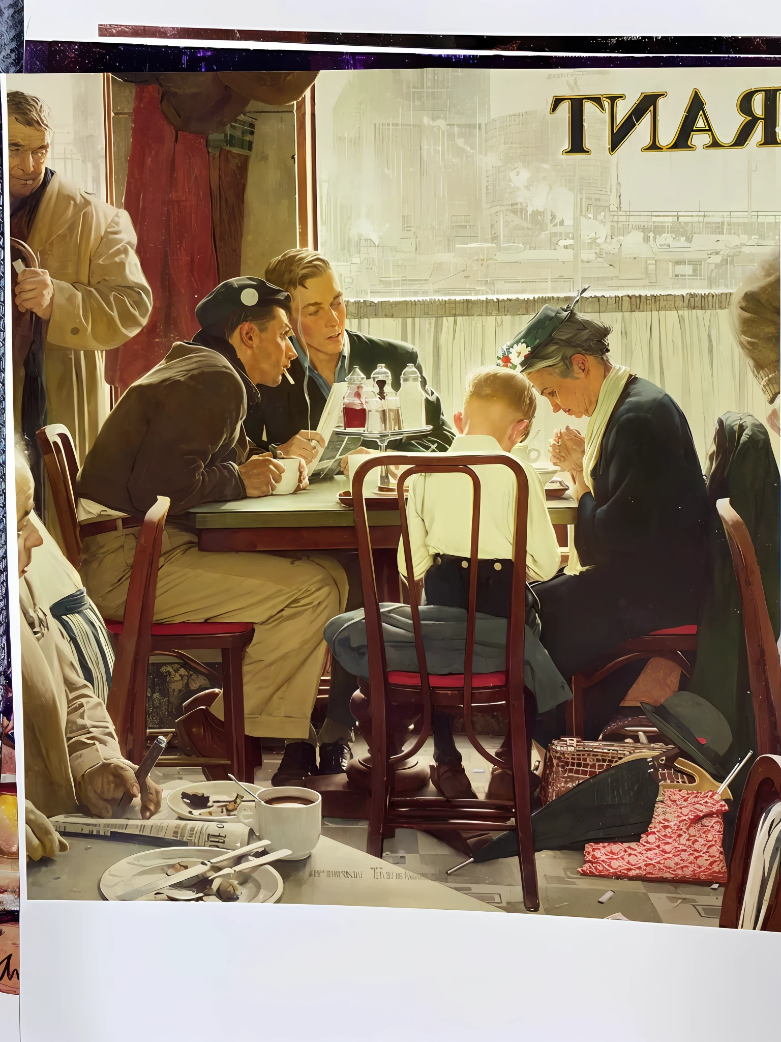 there are many people sitting at a table eating and drinking, norman rockwell. Detailed, norman rockwell painting, norman rockwell artwork style, norman rockwell, norman rockwell style, norman rockwell j, norman rockwell oil painting, ( norman rockwell oil painting ), inspired by Peter Rockwell, andnorman rockwell, artist norman rockwell, artist is norman rockwell, norman rockwell style