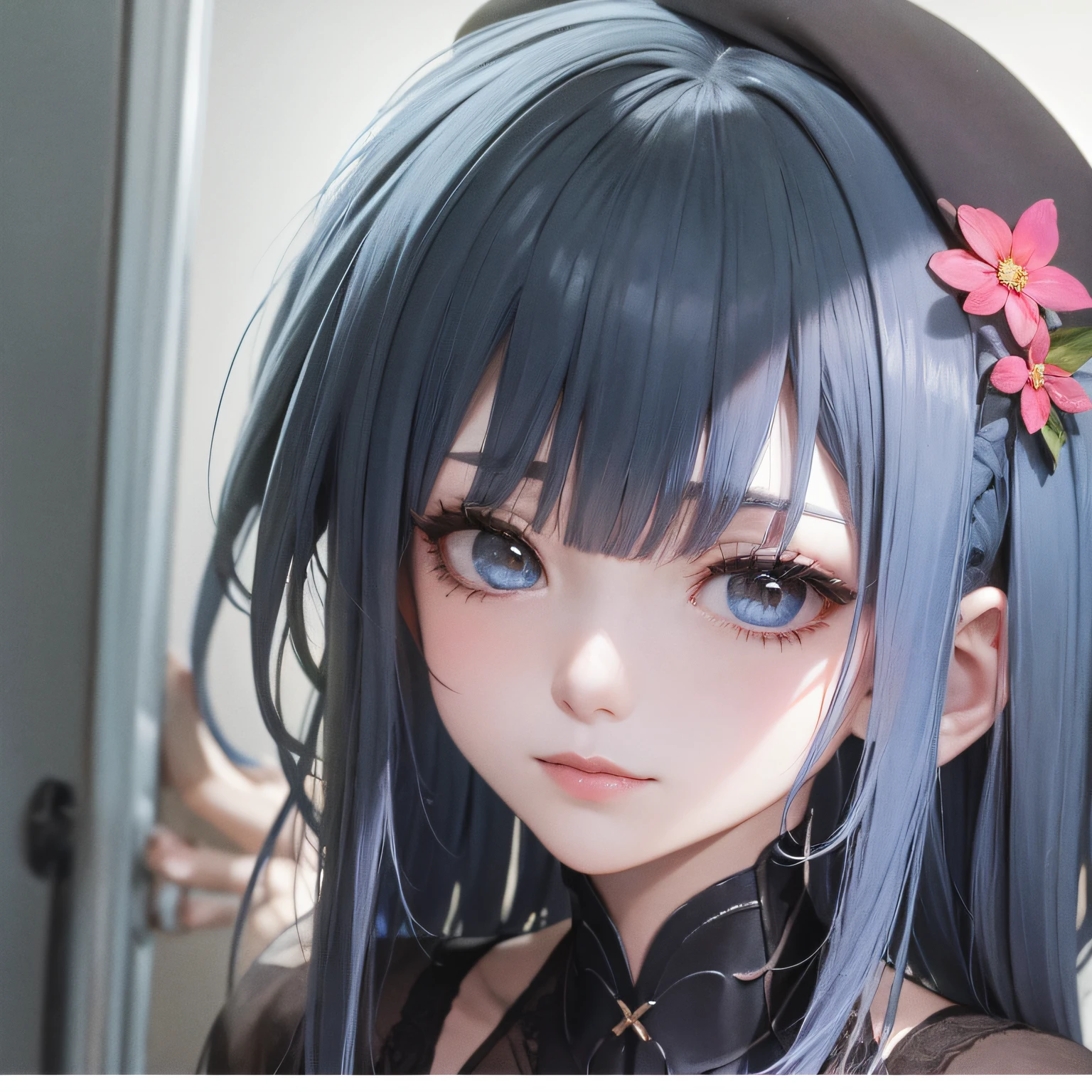 multicolored hair, asymmetrical hair, medium hair, side braids, ringlets, beret, hairpin, hair flower, mole under eye, empty eyes, eye reflection, one eye closed, parted lips, light smile, unconscious, disappointed, lonely, depressed, tired, pensive, border, outside border, out of frame, letterboxed, rotational symmetry --auto