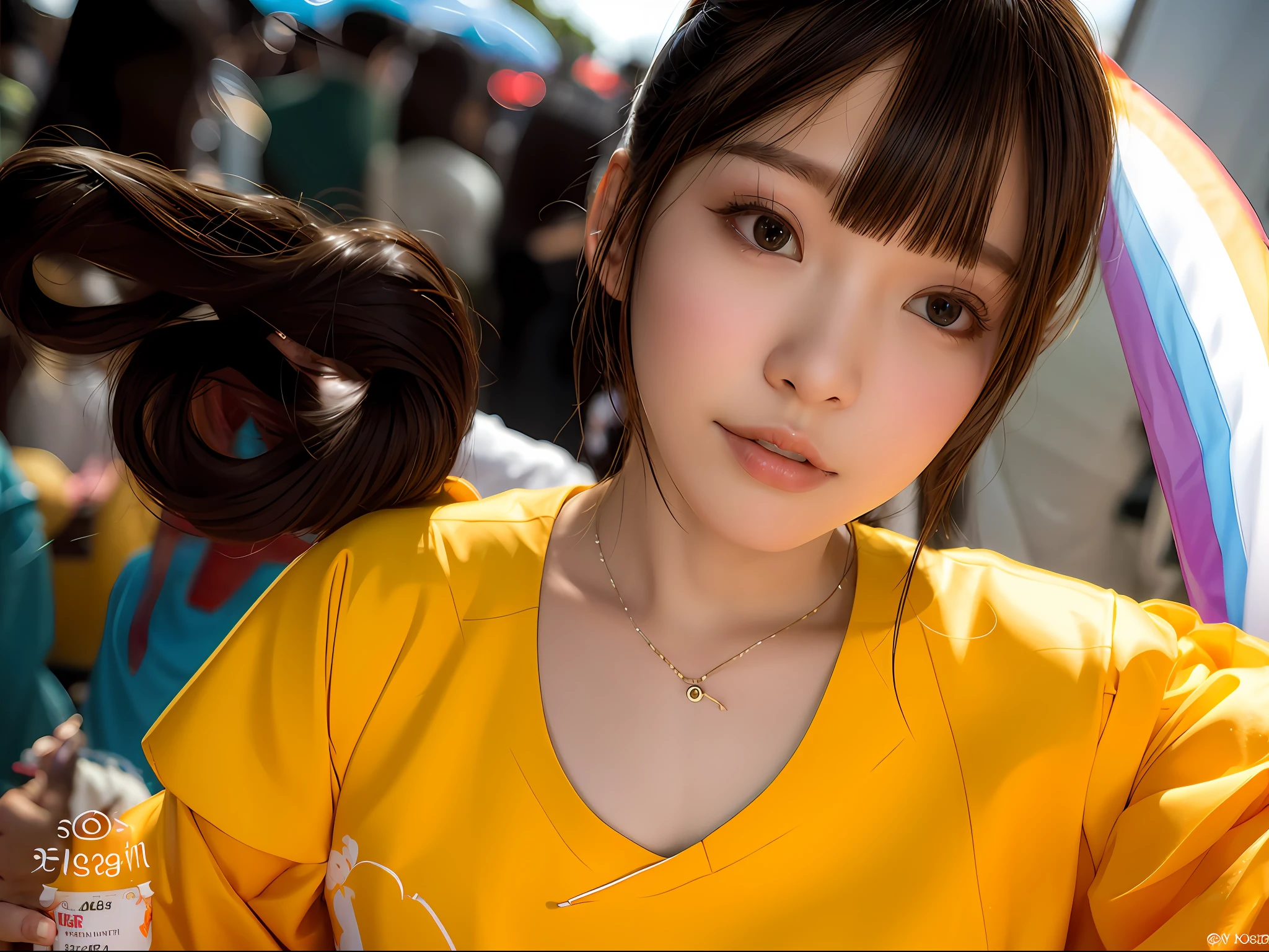 there is a young woman with a yellow shirt and a colorful umbrella, portrait of a japanese teen, beautiful Japanese girl face, close up of a young anime girl, shot on nikon z9, Anime girl in real life, young cute wan asian face, Realistic young gravure idol, of a youthful japanese girl, 8K Artgerm bokeh, Japanese model