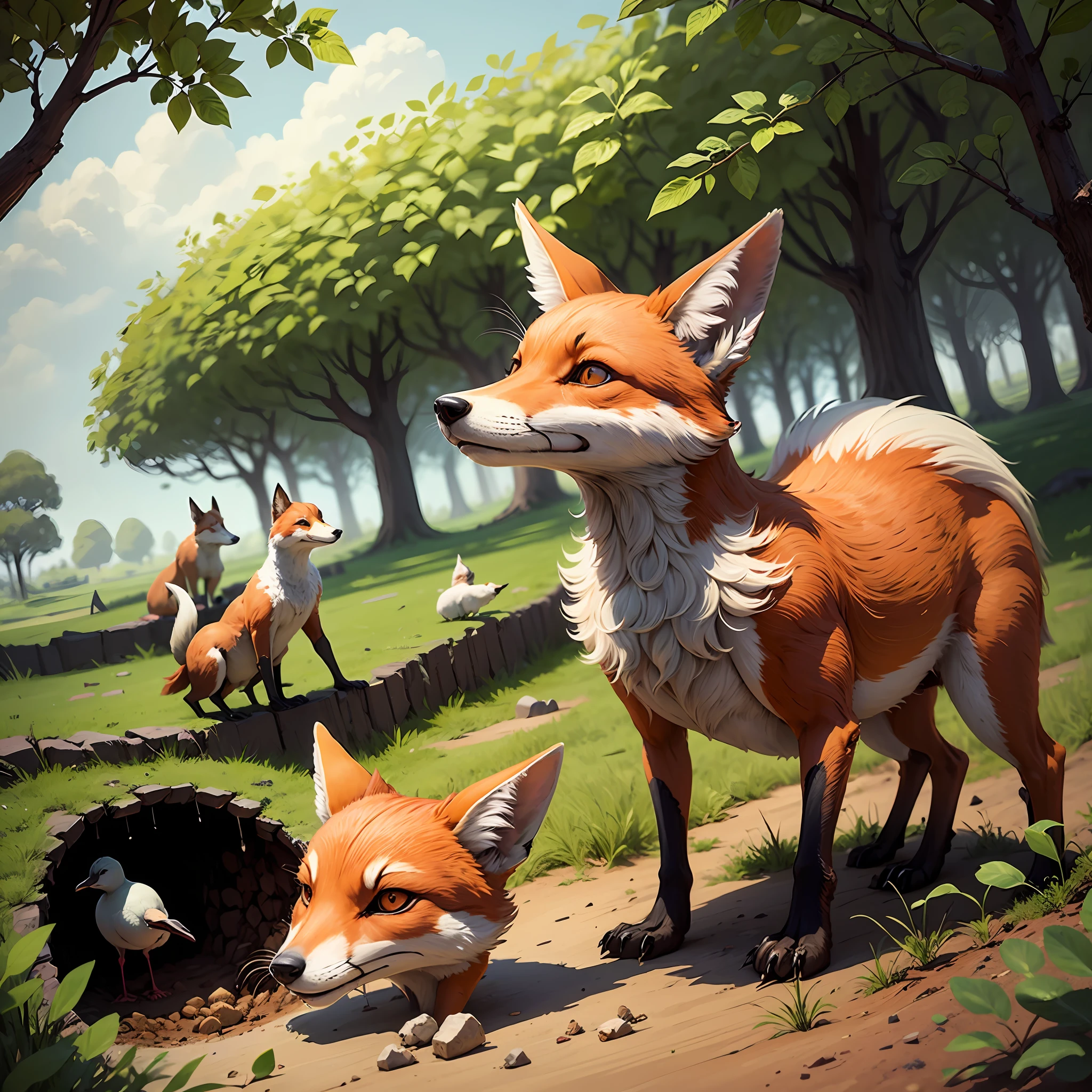 The farmers trap Mr. Fox and his family in their hole. They start to dig down, determined to catch the foxes and kill them. But Mr. Fox is not going to give up without a fight. He uses his cunning and resourcefulness to escape from the hole and lead the farmers on a wild goose chase. --auto
