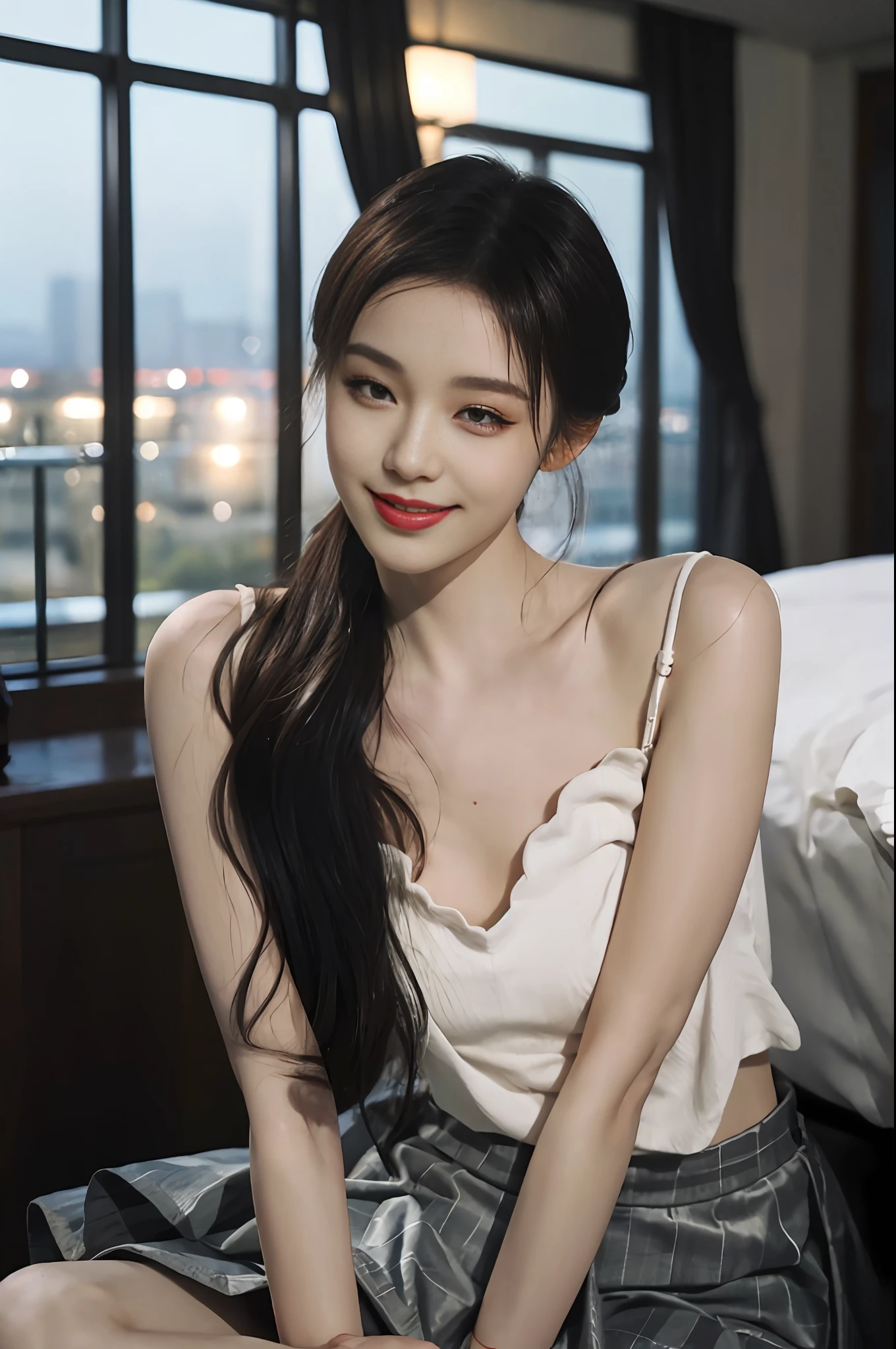 (Half eyes closed: 1.3, Eyes half closed: 1.3), cute Korean, big round breasts, cleavage, cropped length tank top, skirt, beautiful eyes in detail, eyelashes, beautiful double eyelids, eyeshadow, hanging eyes, cut eyes, thin beautiful thighs, beautiful thin legs, perfect eye makeup, ((seductive smile, squeaky look, evil look)), high-rise hotel, Night view from the window, glass-walled room, kneeling on a big bed, brown hair,