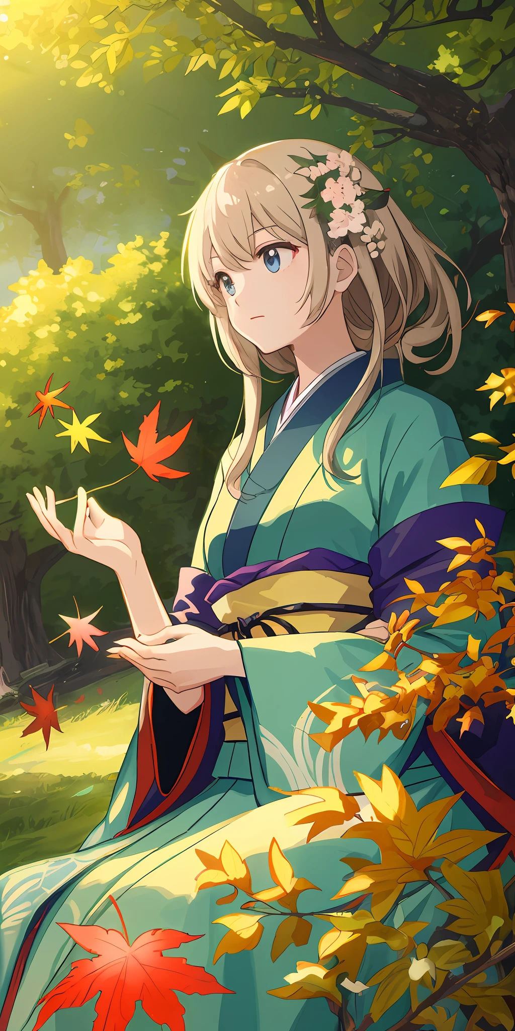 tmasterpiece,best qualtiy,(Very detailed CG unity 8k wallpaper)(best qualtiy),(Most Best Illustration),(Best shadow)Nature',Japan's Hitoya,Delicate leaves of various colors fall in air light tracking,ultra-detailliert --v6