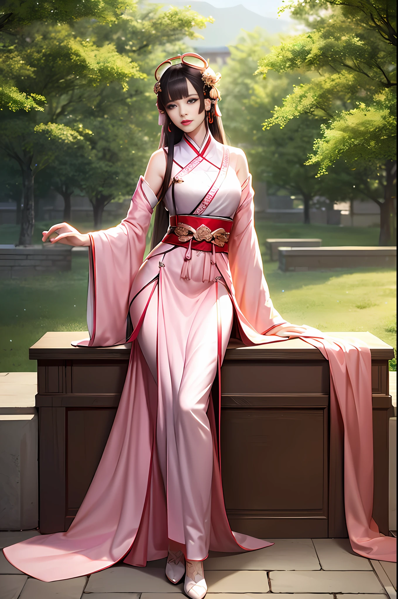 Best quality details, realistic,8K UHD, High definition, hyperdetailed, High quality detailed texture, High quality shadow, Detailed beautiful delicate face, Detailed beautiful delicate eyes, Depth of field, Ray tracing, perspective, 20's, only one person,
indoors,ancient china background, china patterns,
Pretty Kpop girl group,
head tilt, leg up, legs together, perfect body, lean body, medium breasts, thin waist, wide hips,
hair stick, hairpin, hair ornaments,
light smile, lovely face, slender face, fair white skin, glowing eyes, glossy lips, bags_under_eyes, pale pink lip, beautiful eyes, eyelashes, Thin lips, (noble girl), eyeshadow, makeup, eyeliner,
shawl, hagoromo, hanfu,  detailed clothes,