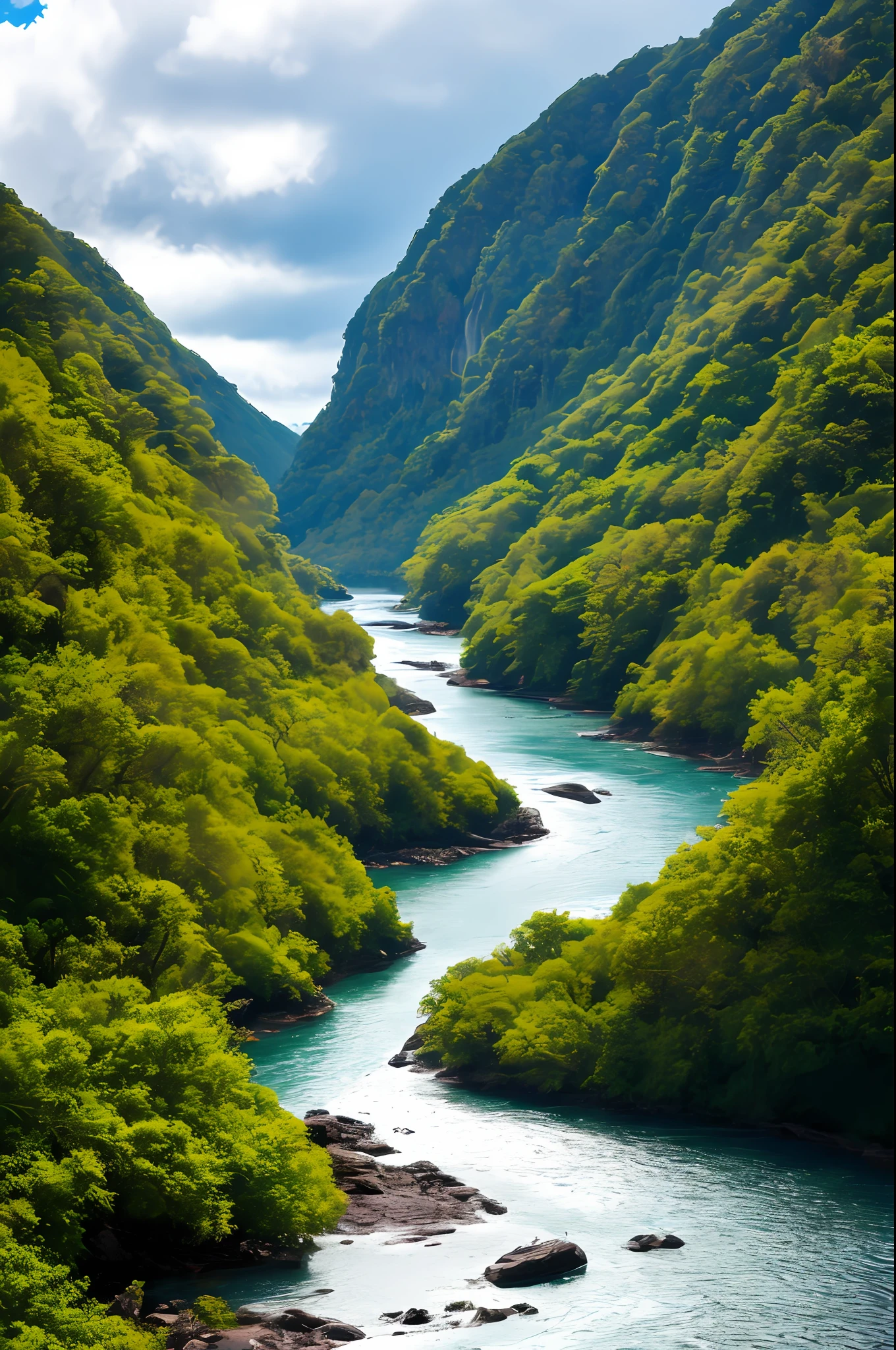 Masterpiece, ultimate quality, Cg unity 8k wallpaper, super delicate, beautiful sky and clouds, rich natural scenery, cliffs, lakes and rivers, waterfalls and flying water, beautiful green mountains, no trace of people, excellent scenery, has already won a photo contest, background Blurring, full depth of field, HDR high dynamics, true restoration, intricate, extreme details, dramatic presentation, perfectly presenting the style of midjourney art.