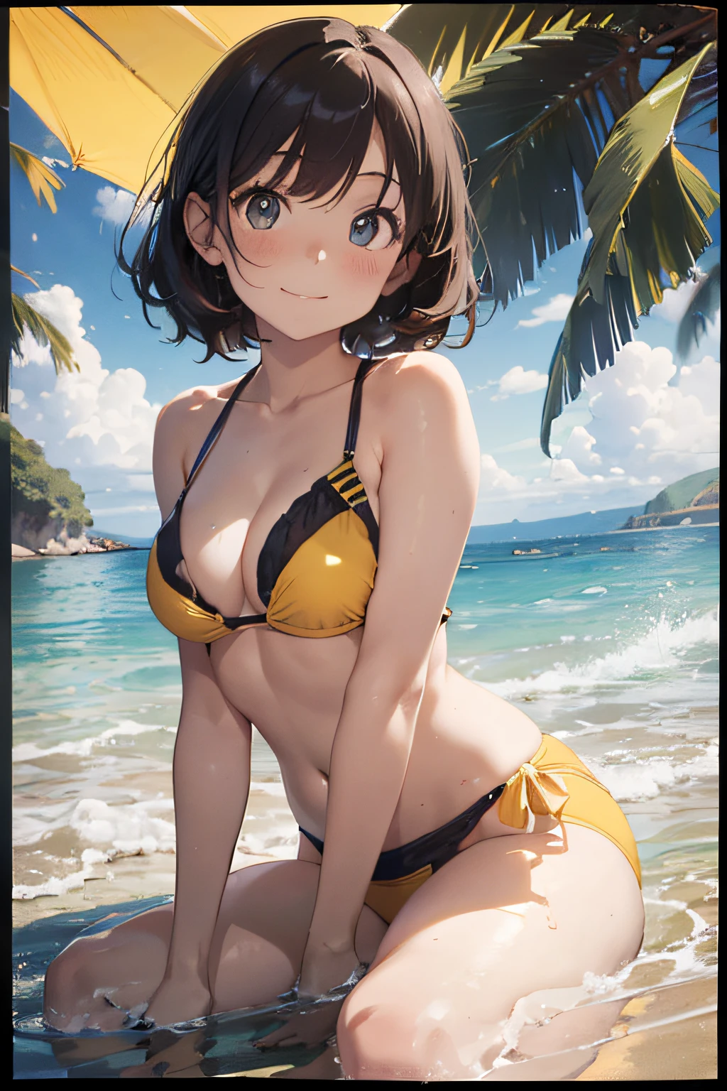 High resolution,
One beautiful young woman,
(soft saturation: 1.3), (fair skin: 1.2),
(ultra-detailed background, detailed background), bokeh,
Portrait of smiling girl breaking. When viewed from the front, the composition is symmetrical.
Look straight at you with serious eyes and break
yellow swimsuit, yellow bikini, middle breast,
outdoor, sea surface, sky, sunshine, summer beach, sand,
strong light, front light,
(Teenager: 1.3), (Cowboy Shot: 1.2), Break
angle from the front,
Look at the viewer,
Dynamic Pose,
Sitting on the beach

Wakame, wakame, wakame, wakame, wakame, wakame, wakame,