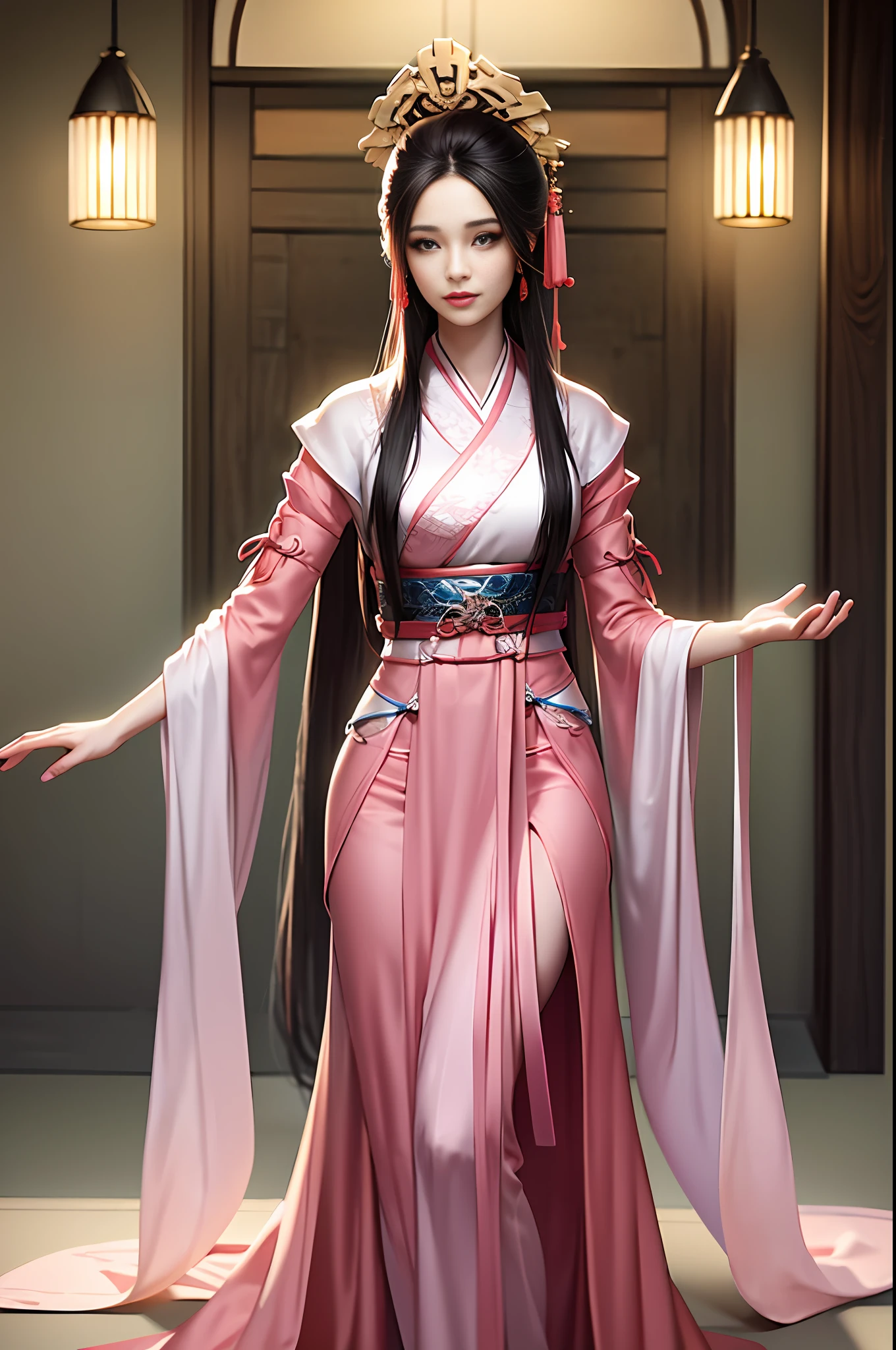 Best quality details, realistic,8K UHD, High definition, hyperdetailed, High quality detailed texture, High quality shadow, Detailed beautiful delicate face, Detailed beautiful delicate eyes, Depth of field, Ray tracing, perspective, 20's, only one person,
indoors,ancient china background, china patterns,
Pretty Kpop girl group,
head tilt, leg up, legs together, perfect body, lean body, medium breasts, thin waist, wide hips,
hair stick, hairpin, hair ornaments,
light smile, lovely face, slender face, fair white skin, glowing eyes, glossy lips, bags_under_eyes, pale pink lip, beautiful eyes, eyelashes, Thin lips, (noble girl), eyeshadow, makeup, eyeliner,
shawl, hagoromo, hanfu,  detailed clothes,