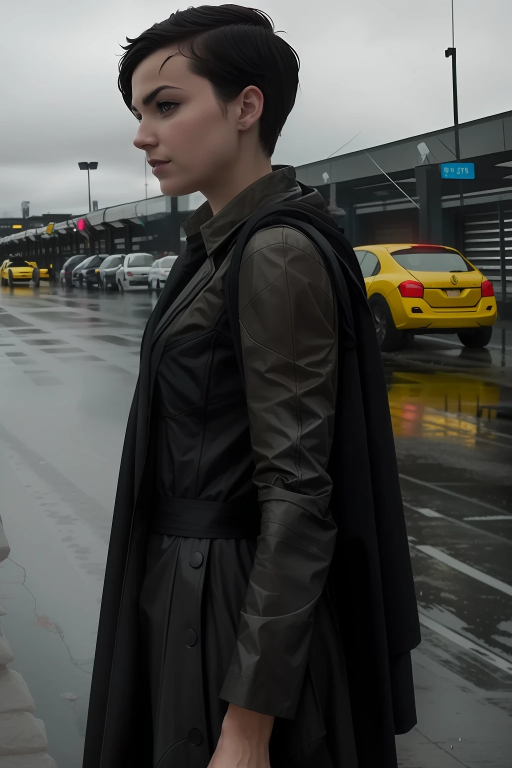 Spider-Man dressed in black city female short hair rainy day