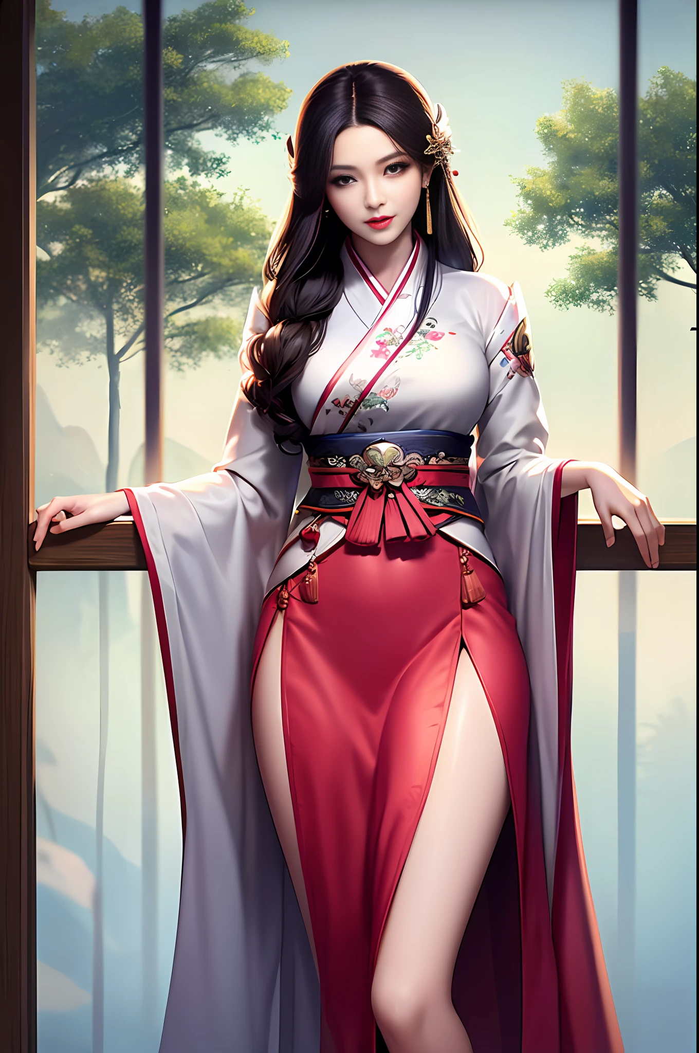 Best quality details, realistic,8K UHD, High definition, hyperdetailed, High quality detailed texture, High quality shadow, Detailed beautiful delicate face, Detailed beautiful delicate eyes, Depth of field, Ray tracing, perspective, 20's, only one person,
indoors,ancient china background, china patterns,
Pretty Kpop girl group,
head tilt, leg up, legs together, perfect body, lean body, medium breasts, thin waist, wide hips,
hair stick, hairpin, hair ornaments,
light smile, lovely face, slender face, fair white skin, glowing eyes, glossy lips, bags_under_eyes, pale pink lip, beautiful eyes, eyelashes, Thin lips, (noble girl), eyeshadow, makeup, eyeliner,
shawl, hagoromo, hanfu, detailed clothes,