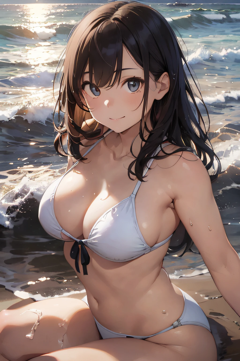 High resolution,
One beautiful young woman,
(soft saturation: 1.3), (fair skin: 1.2),
(ultra-detailed background, detailed background), bokeh,
Portrait of smiling girl breaking. When viewed from the front, the composition is symmetrical.
Look straight at you with serious eyes and break
yellow swimsuit, yellow bikini, middle ,
outdoor, sea surface, sky, sunshine, summer beach, sand,
strong light, front light,
(Teenag, (Cowboy Shot: 1.2), Break
angle from the front,
Look at the viewer,
Dynamic Pose,
Sitting on the beach
Wakame, wakame, wakame, wakame, wakame, wakame, wakame,