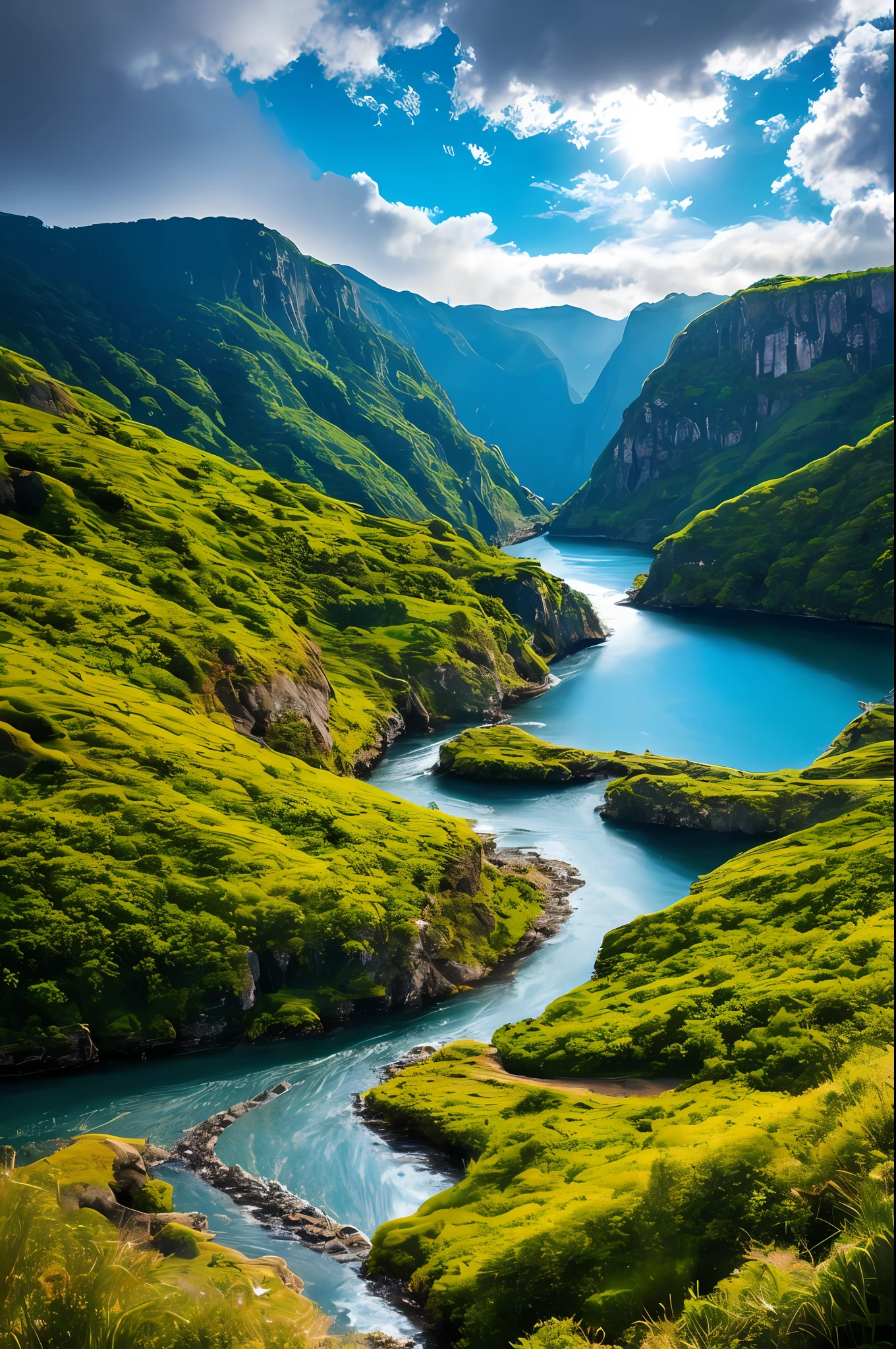Masterpiece, ultimate quality, Cg unity 8k wallpaper, super delicate, beautiful sky and clouds, rich natural scenery, cliffs, lakes and rivers, waterfalls and flying water, beautiful green mountains, no trace of people, excellent scenery, has already won a photo contest, background Blurring, full depth of field, HDR high dynamics, true restoration, intricate, extreme details, dramatic presentation, perfectly presenting the style of midjourney art.