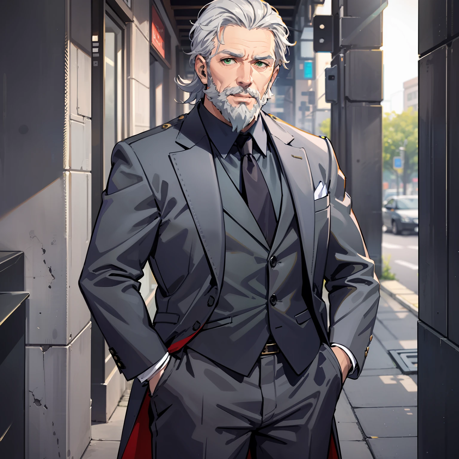 british old male, Gray hair, Beard, Green eyes, wear suit, Heroes, Anime figure