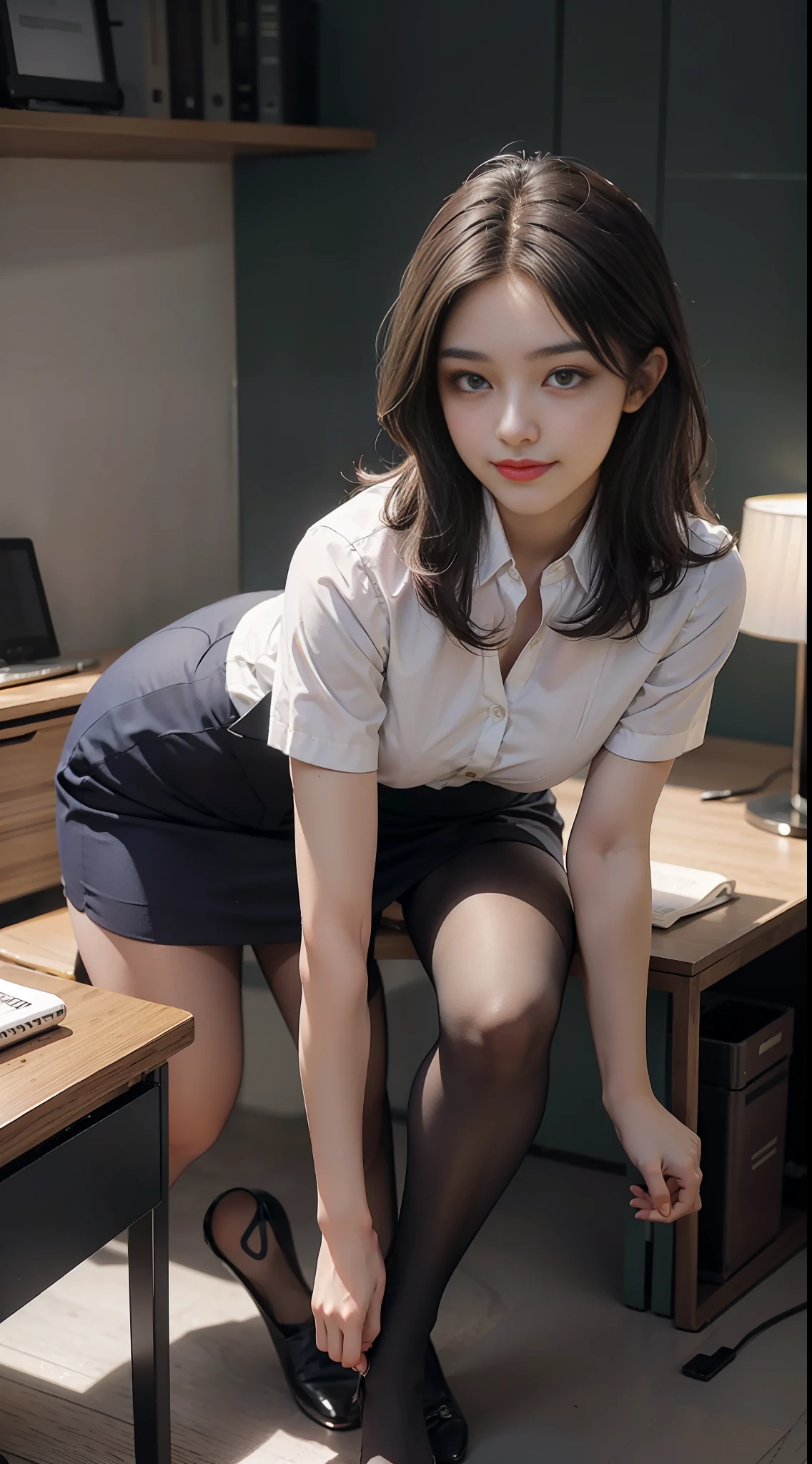 best qualtiy, Full body like,Cinematic shots,Refined face,pretty face,20yo Woman,ssmile,slimfigure,Smaller bust,office lady uniform,Office wear,black lence stockings,interior scenes,office room,Sit Pose,Spread your thighs,pantyless
