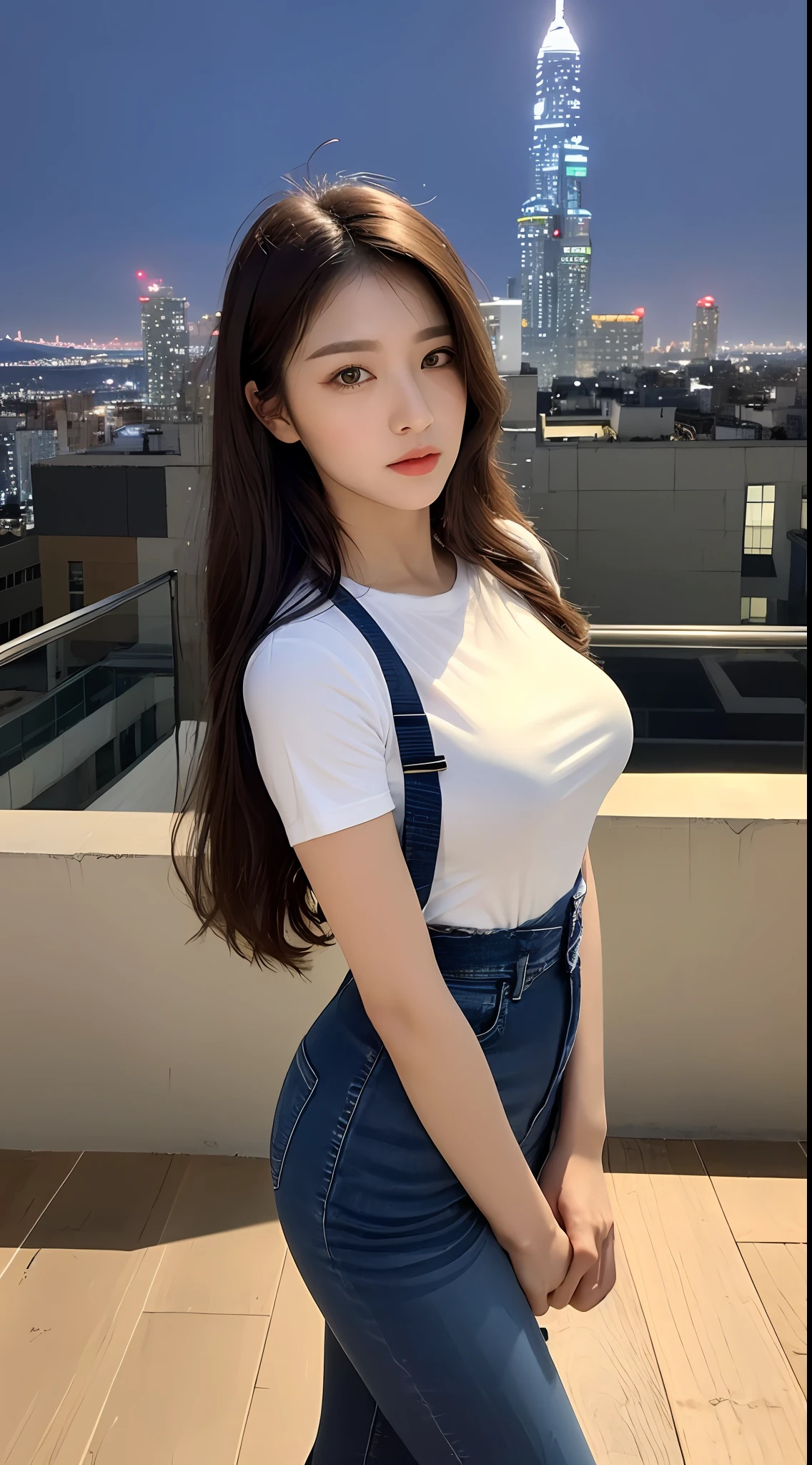 ((Midnight, Best quality, 8k, Masterpiece :1.3)), Whole body, Long legs, Sharp focus :1.2, A pretty woman with perfect figure :1.4, Slender abs :1.1, ((Dark brown hair, Big breasts :1.2)), (White tight tshirt, Jean bib, Standing:1.2), ((Night city view, Rooftop:1.3)), Highly detailed face and skin texture, Detailed eyes, Double eyelid,martial art