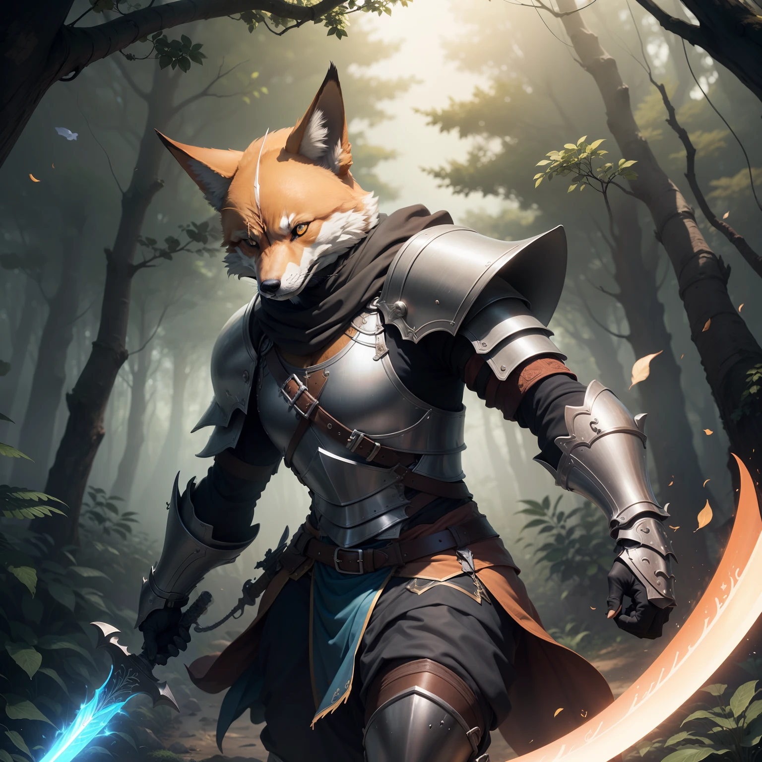 "(melhor qualidade, obra-prima), detalhes ultra-realistas, CG wallpaper with 8K resolution, a magical knight fox wielding a sword and magic, em um ambiente de fantasia com nuvens e floresta densa ao longe."
