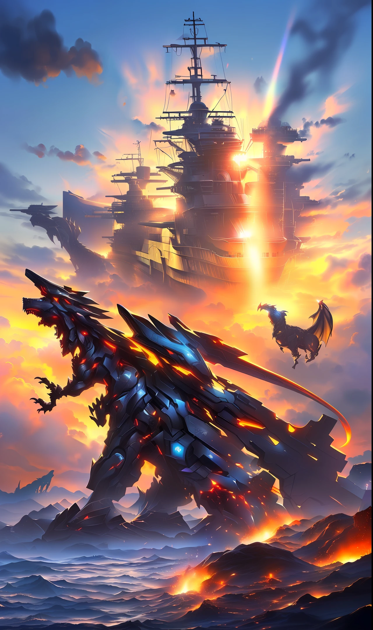 Black mech dragon，​​clouds，salama，battleships