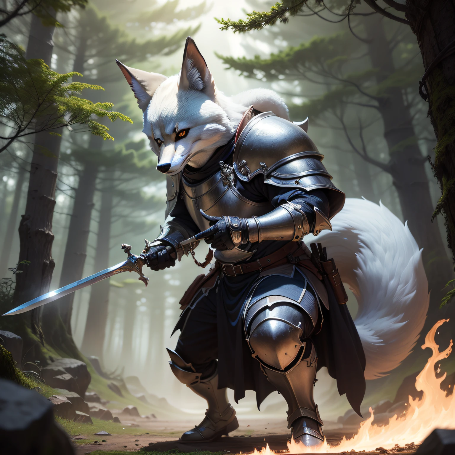 "(melhor qualidade, obra-prima), detalhes ultra-realistas, CG wallpaper with 8K resolution, a magical knight fox wielding a sword and magic, em um ambiente de fantasia com nuvens e floresta densa ao longe."
