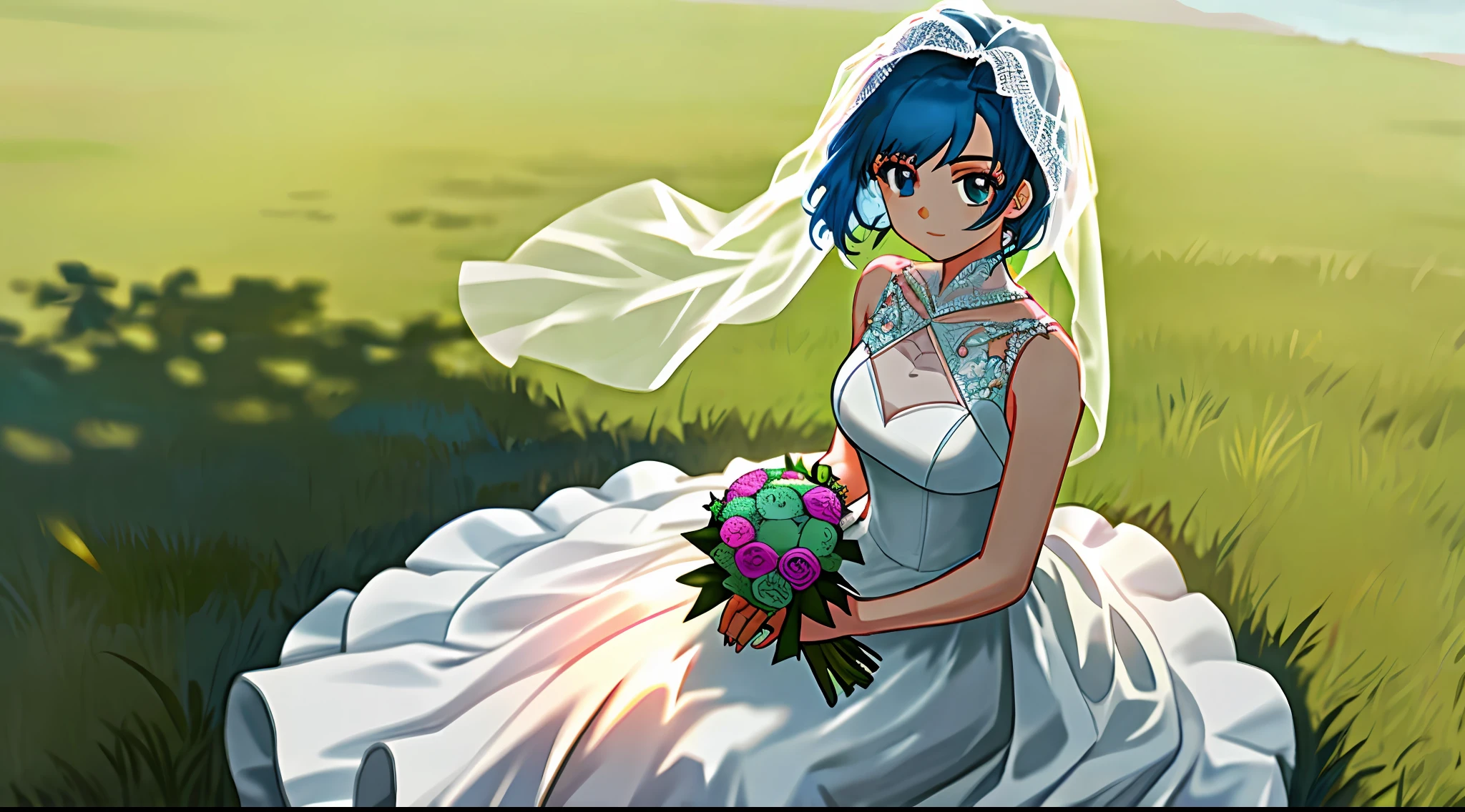 Girl with blue hair in an open wedding dress sitting on the grass