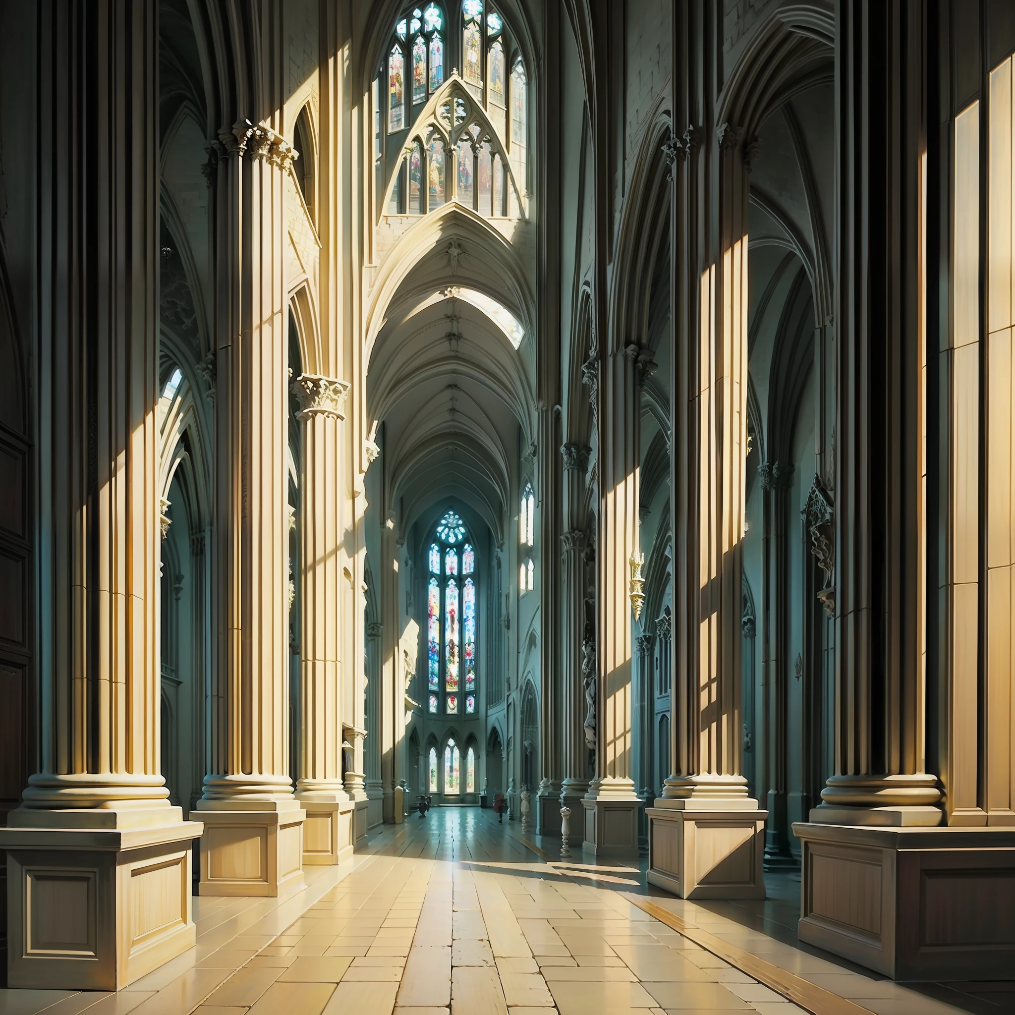 Lobby of a Gothic Cathedral made of white bones and crystals with ivory pillars