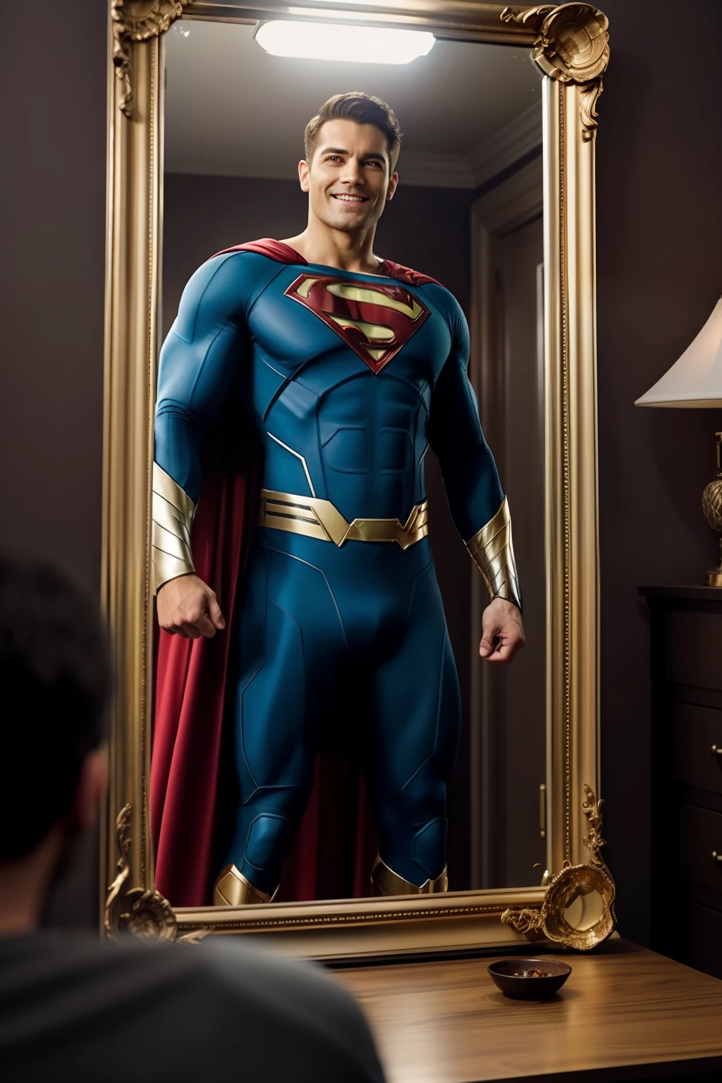 2 homens, homem 1, homem 2, homem 1 de meia-idade, short hair, normal-looking, Olhando para um espelho, In the mirror your reflection man 2 in the superhero cover, sorridente, Sentindo-se poderoso, real, capa de revista, 4k, Processado