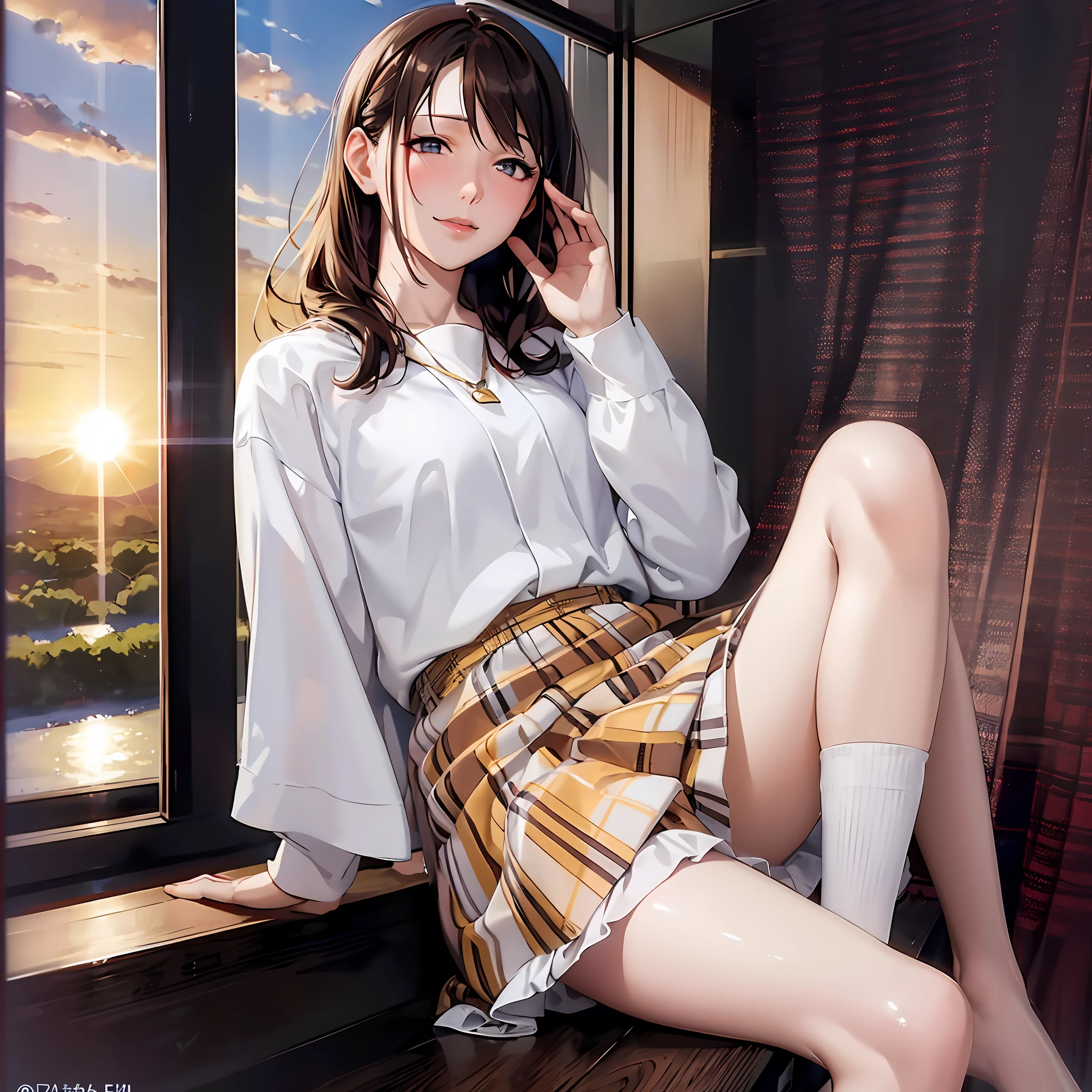 Anime girl sitting on windowsill,Legs crossed, Smooth anime CG art, Surrealism female students, Surrealism female students, Beautiful anime girl, Realistic schoolgirl, Beautiful Anime High School Girls, ssmile,Soft lighting, attractive anime girls, trending on cgstation, Cute anime girl, anime visual of a cute girl, Makoto Shinkai. A digital rendering,Sunrise outside the window