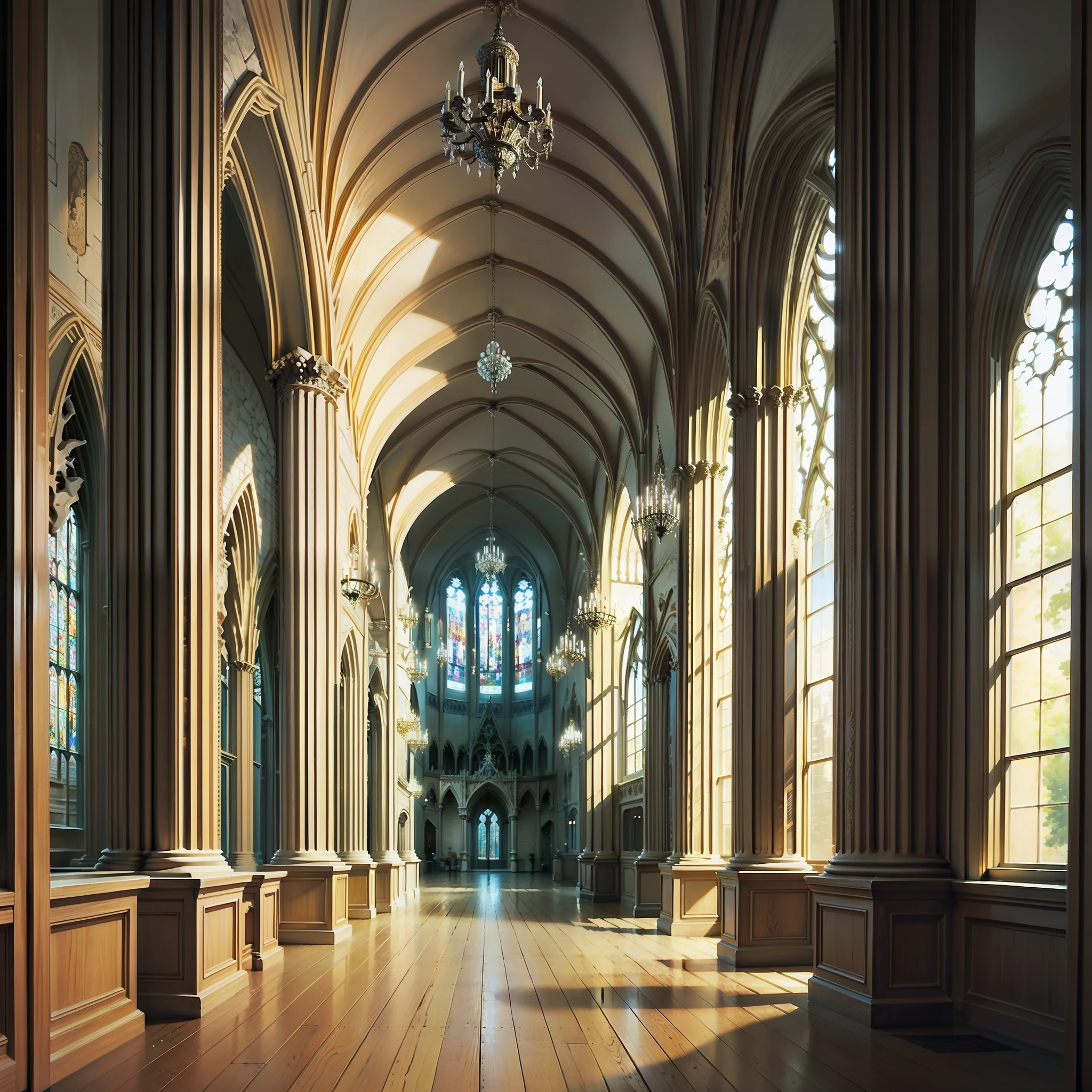 Lobby of a Gothic Cathedral made of white bones and crystals with ivory pillars