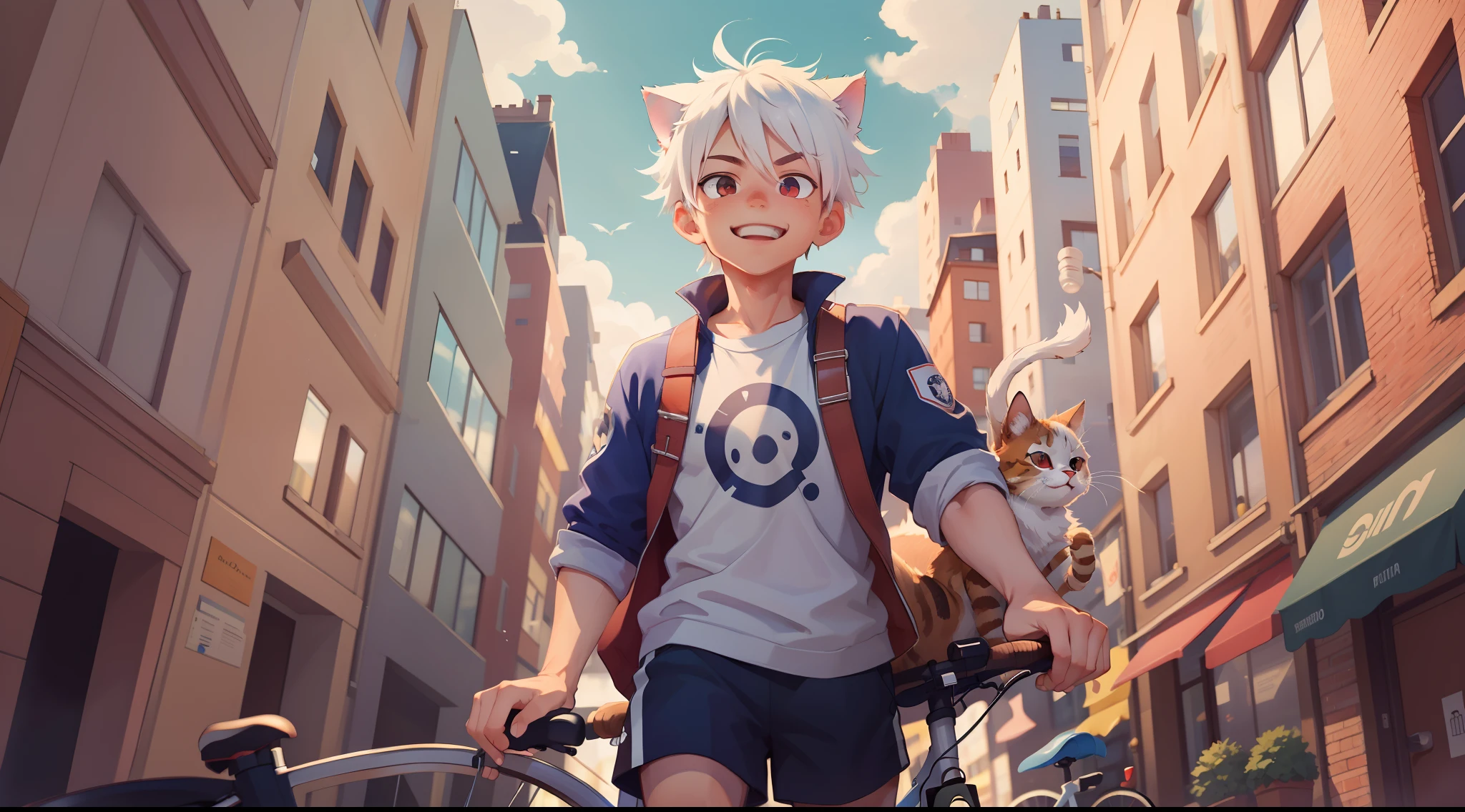 ((masterpiece)),(((best quality))), (high-quality, breathtaking), (expressive eyes, perfect face), 1boy, solo, male, short, young, small boy, white hair, red eyes, smiling, buildings, mailman, wear short shorts, bicycle, cat ears and tail