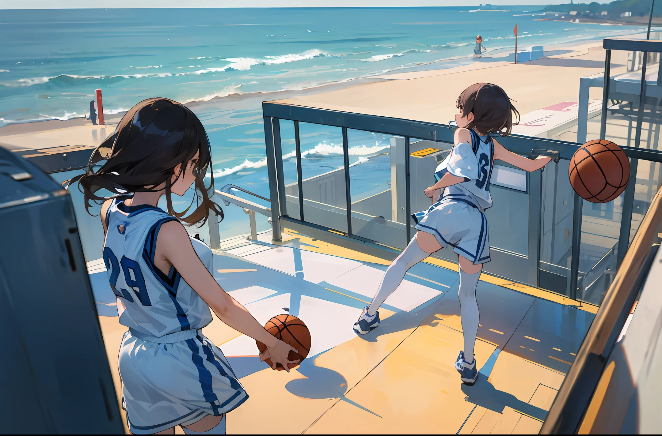Girls White stockings by the sea Play basketball